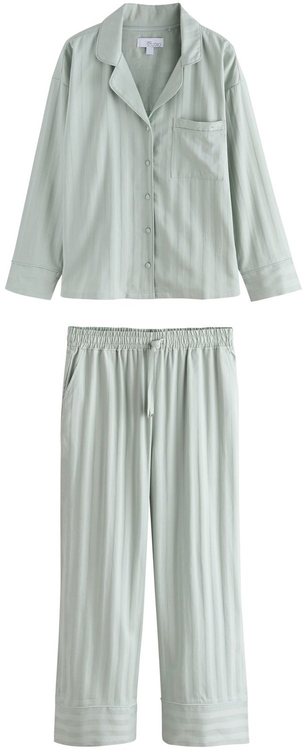 Next Dames - Studio pyjama met knoopsluiting - Groen Sage Green Shadow Stripe