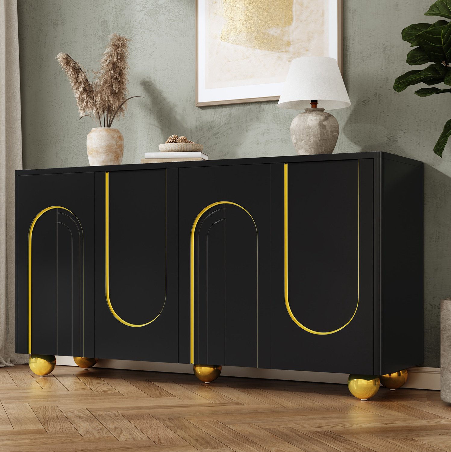 MODFU Dressoir - 4 Deuren - Gouden Booglijnen - MDF En Spaanplaat - Zwart - 140 x 40 x 74 cm
