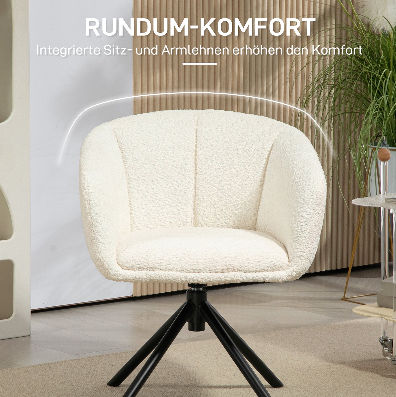 DESMIU Draaifauteuil 58,5 x 59 x 78,5 cm - 360 Graden Draaibaar met Armleuningen - Woonkamer en Slaapkamer - Polyester - Crèmewit
