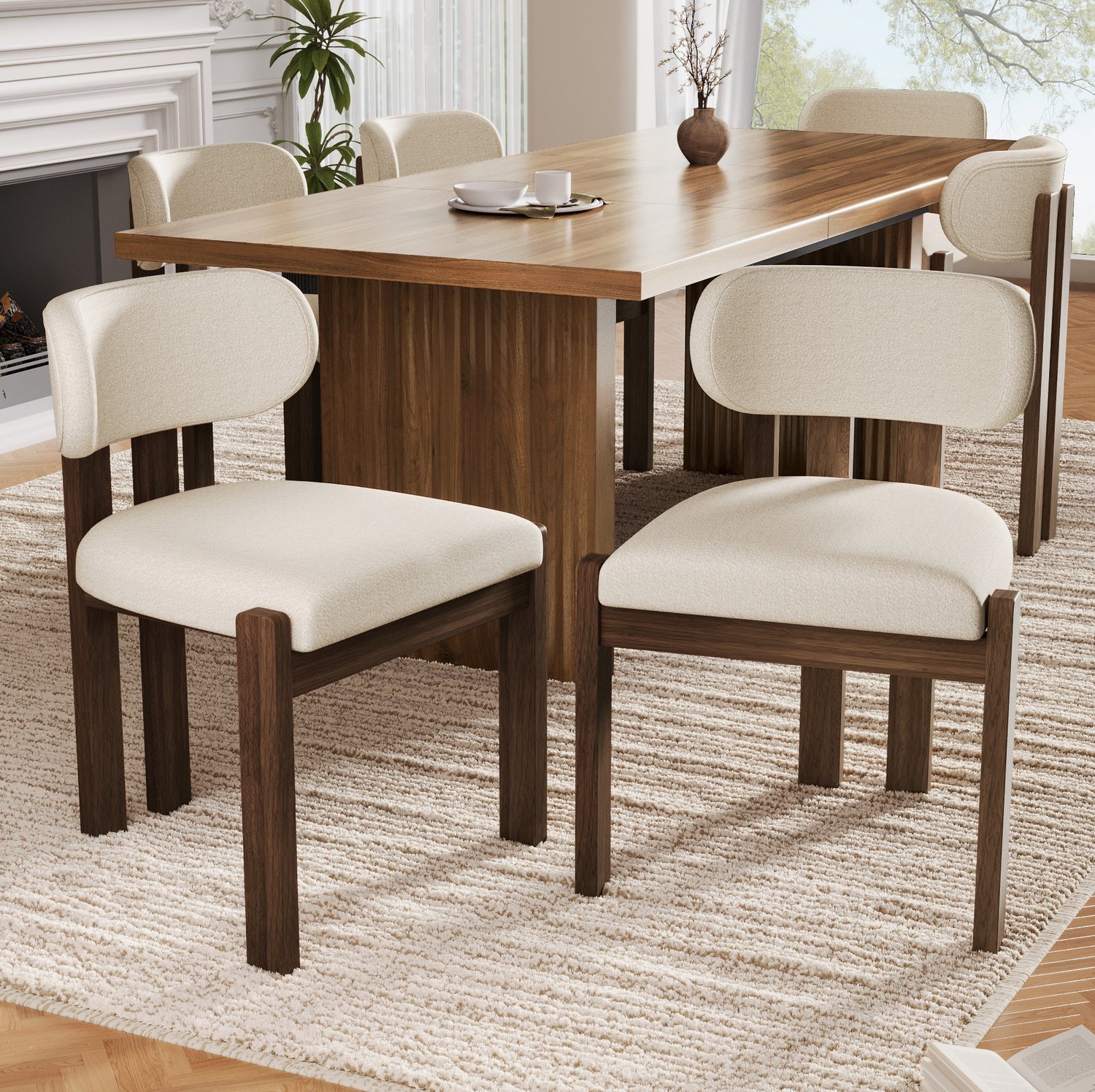 DESMIU Eetkamerstoelen 54 bij 54 bij 79 cm - Set van 6 met Bouclé - Voor Eetkamer, Woonkamer en Café - Hout en Stof - Walnootkleurig Walnootkleurig houten frame met gebroken witte bekleding