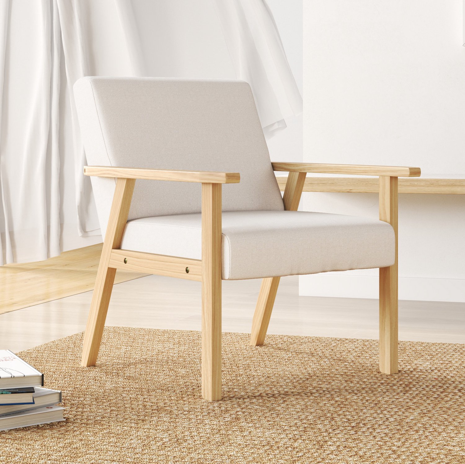 STILVORA Fauteuil 64 x 70 x 72 cm - Met Armleuningen en Twee Kussens - Voor Woonkamer en Slaapkamer - Linnen Bekleding - Crèmewit