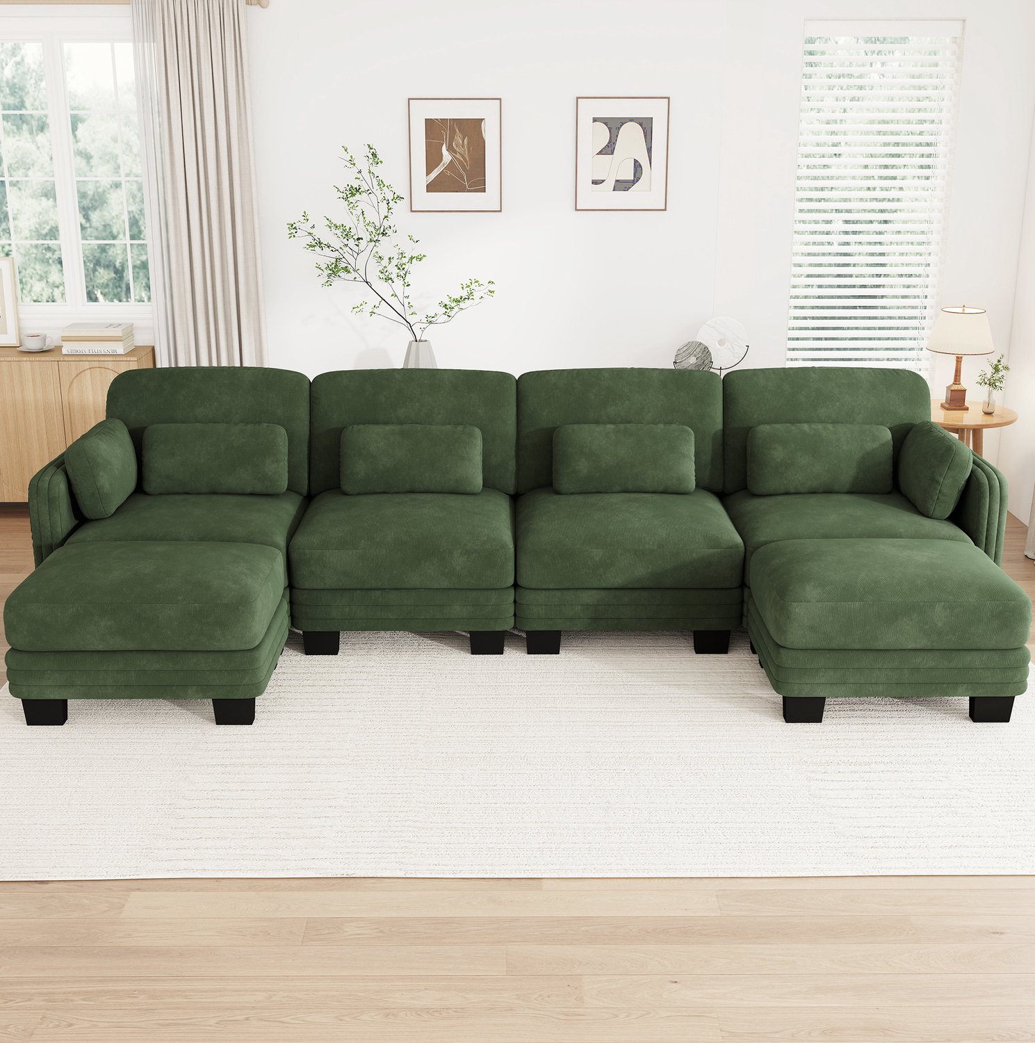 MIVRAY U-bank 330 x 143 x 88 cm - Modulaire 4-zitsbank met 2 Hockers en Verplaatsbare Kussens - Voor Woonkamer en Appartement - Chenille Groen