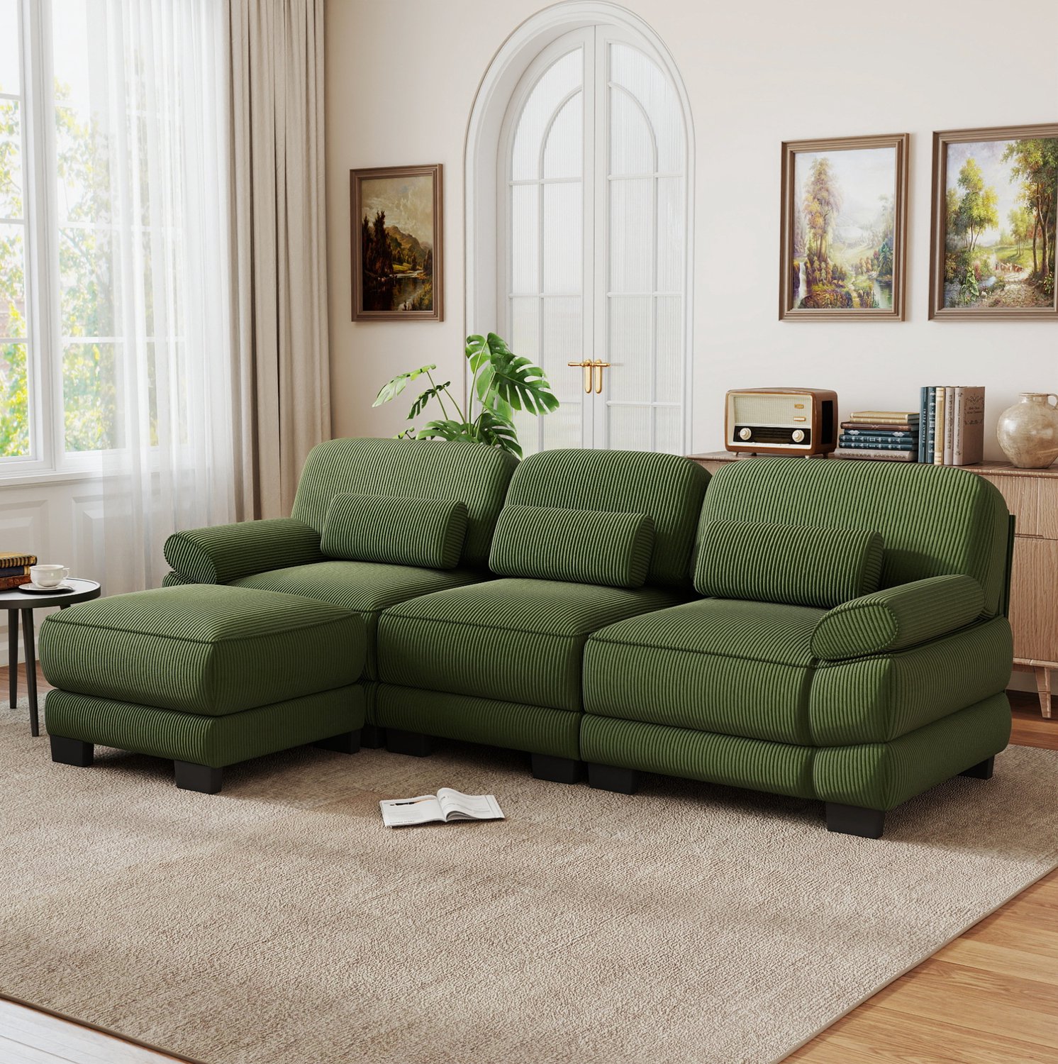 MIVRAY Modulaire Hoekbank 265 x 161 x 94 cm - Driezits met Voetenbank en Flexibele Opstelling - Voor de Woonkamer - Ribstof - Groen