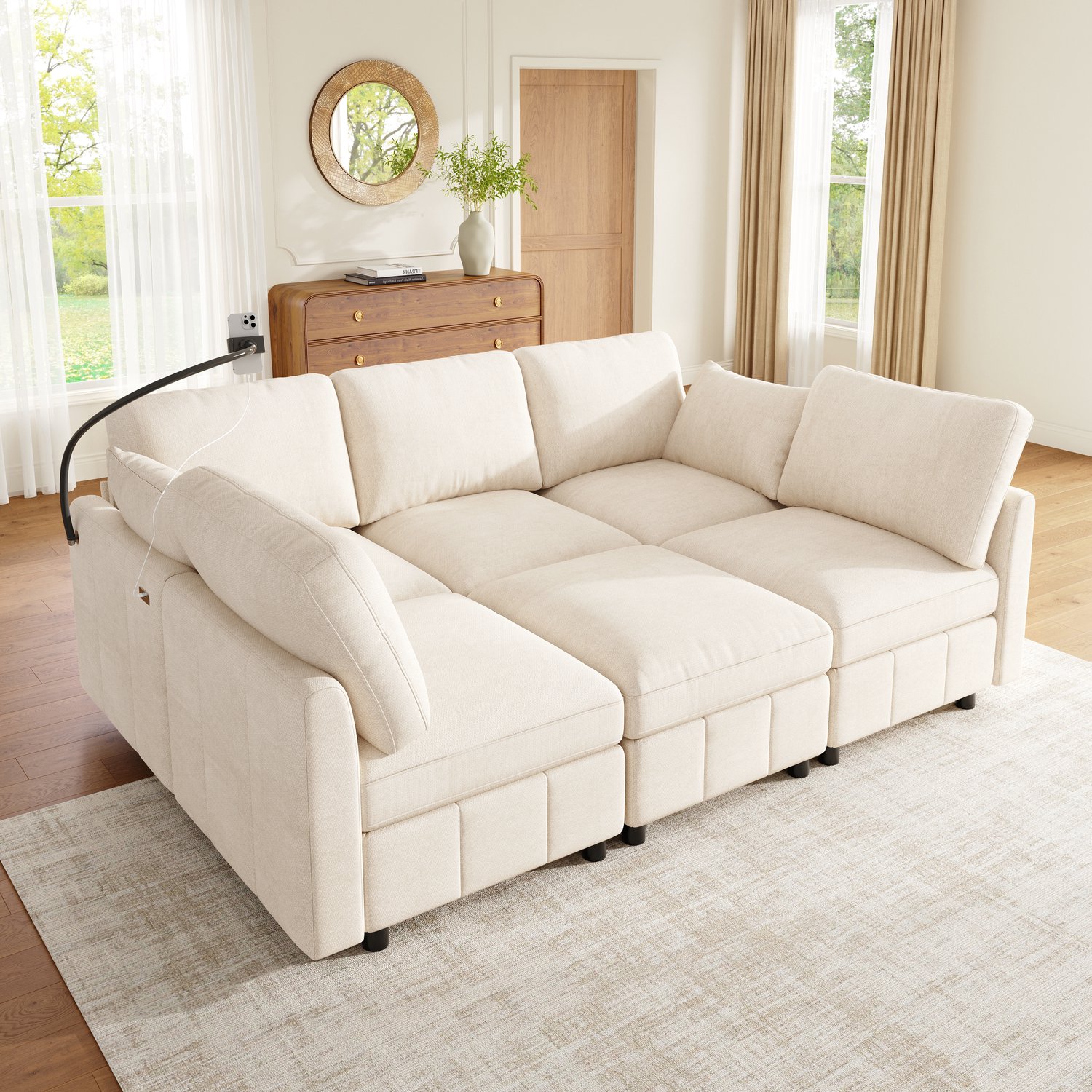 MIVRAY Hoekbank 218 x 157 x 85 cm - Modulaire 6-Zits Slaapbank met Verplaatsbare Voetenbank - Voor Woonkamer en Appartement - Chenille - Beige