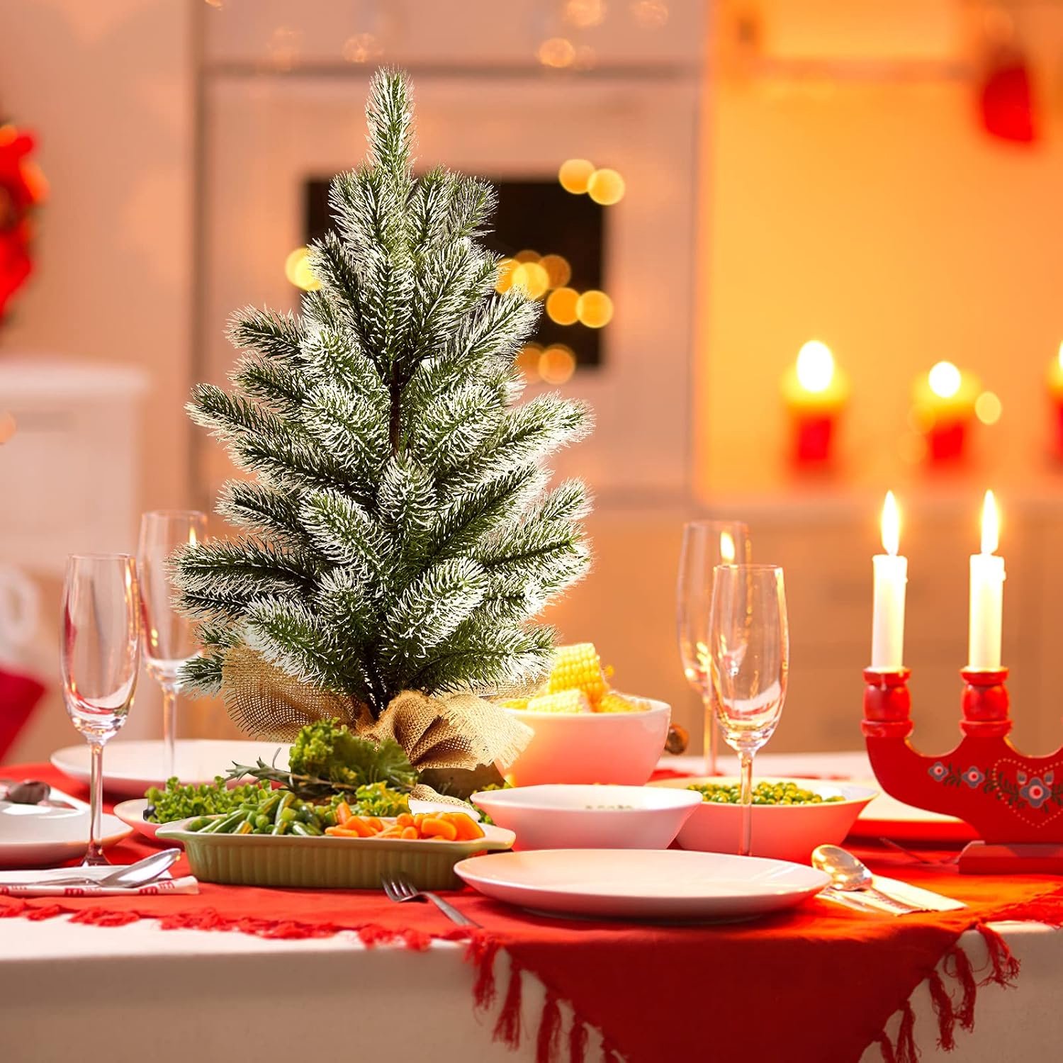 KOMFOTTEU Mini-kerstboom - kunstkerstboom klein met sneeuw en cementbasis - decoratieve boom voor Kerstmis - kerstdecoratie voor thuis, kantoor en winkels – foto 4
