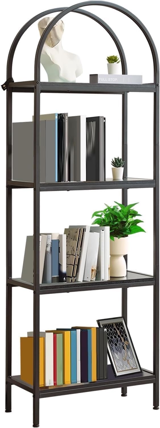 HOERFURIY Boogvormige boekenkast 4 planken MDF, zwart frame en zwarte platen, voor thuisorganisatie