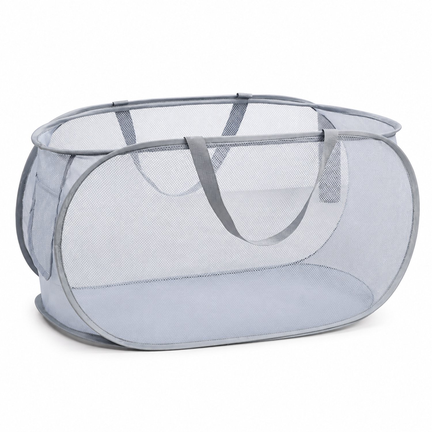Grijze opvouwbare pop-upwasmand van gaas, 58 x 36 x 36 cm, horizontaal model met open bovenkant en draaglussen