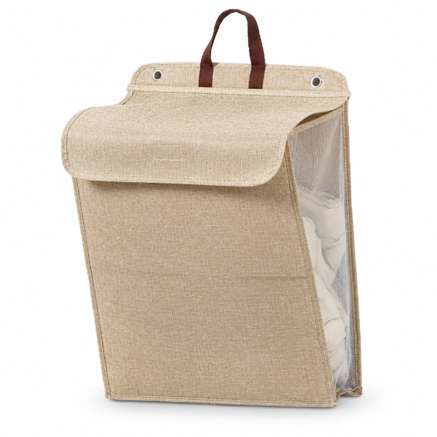 Opvouwbare wandwasmand beige, middelgroot 48 x 37 cm, met afdekflap, ophanglus en zijpaneel van gaas