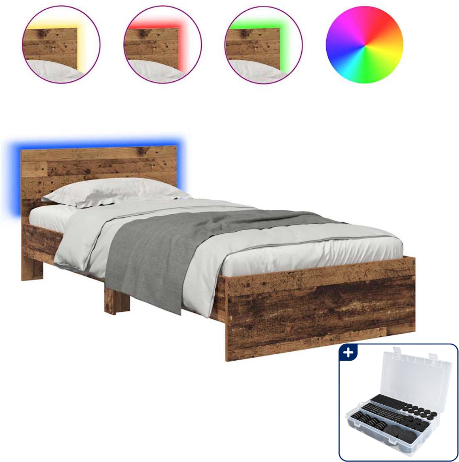 vidaXL bedframe met hoofdeinde - 90 x 190 cm - bewerkt hout - oud hout - Inclusief antikrasvilt 177-delig Bruin