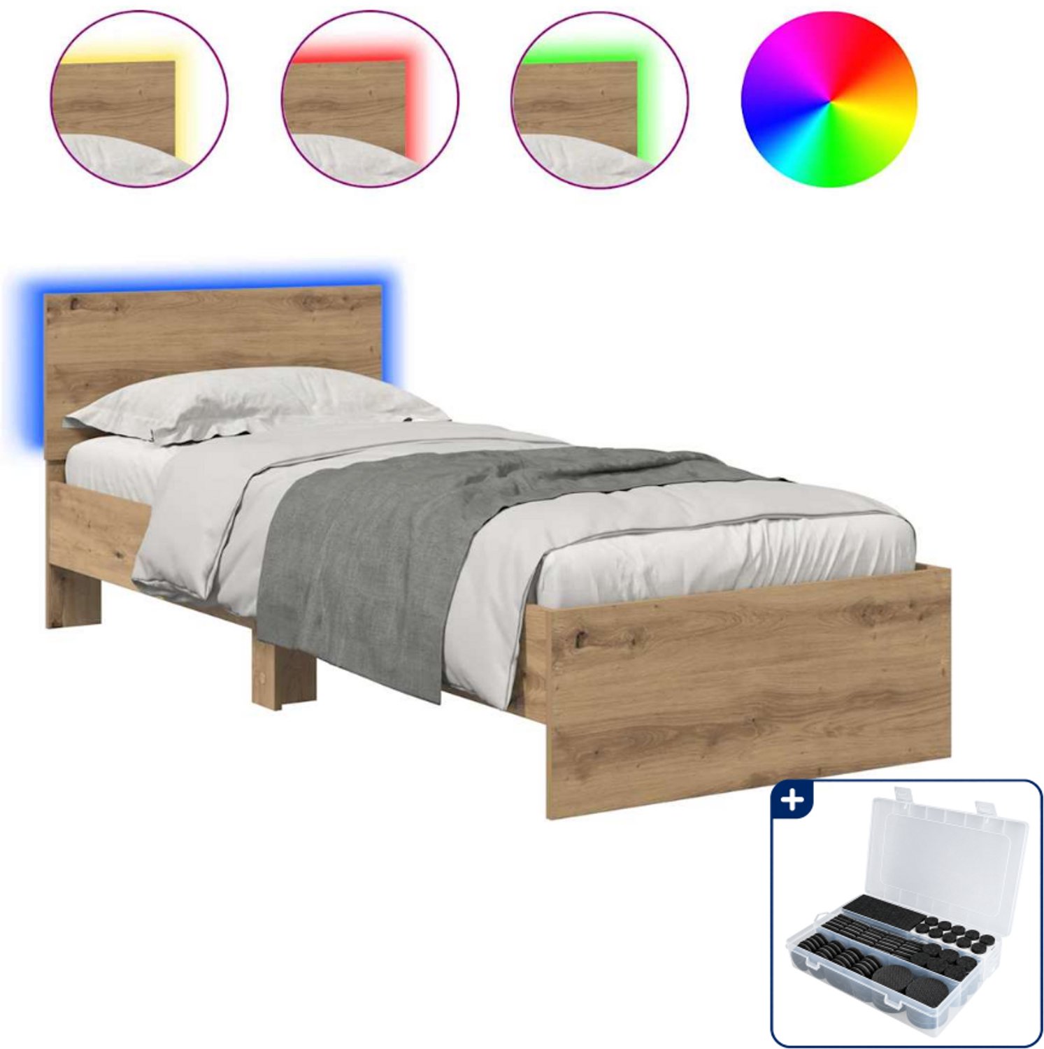 vidaXL bedframe met hoofdeinde - 75 x 190 cm - bewerkt hout - artisan eiken - Inclusief antikrasvilt 177-delig Bruin