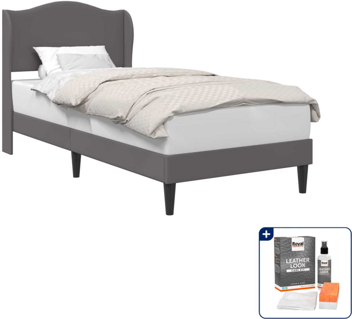 vidaXL bedframe met hoofdeinde - 90 x 190 cm - grijs - Inclusief onderhoudsset voor kunstleer 150 ml