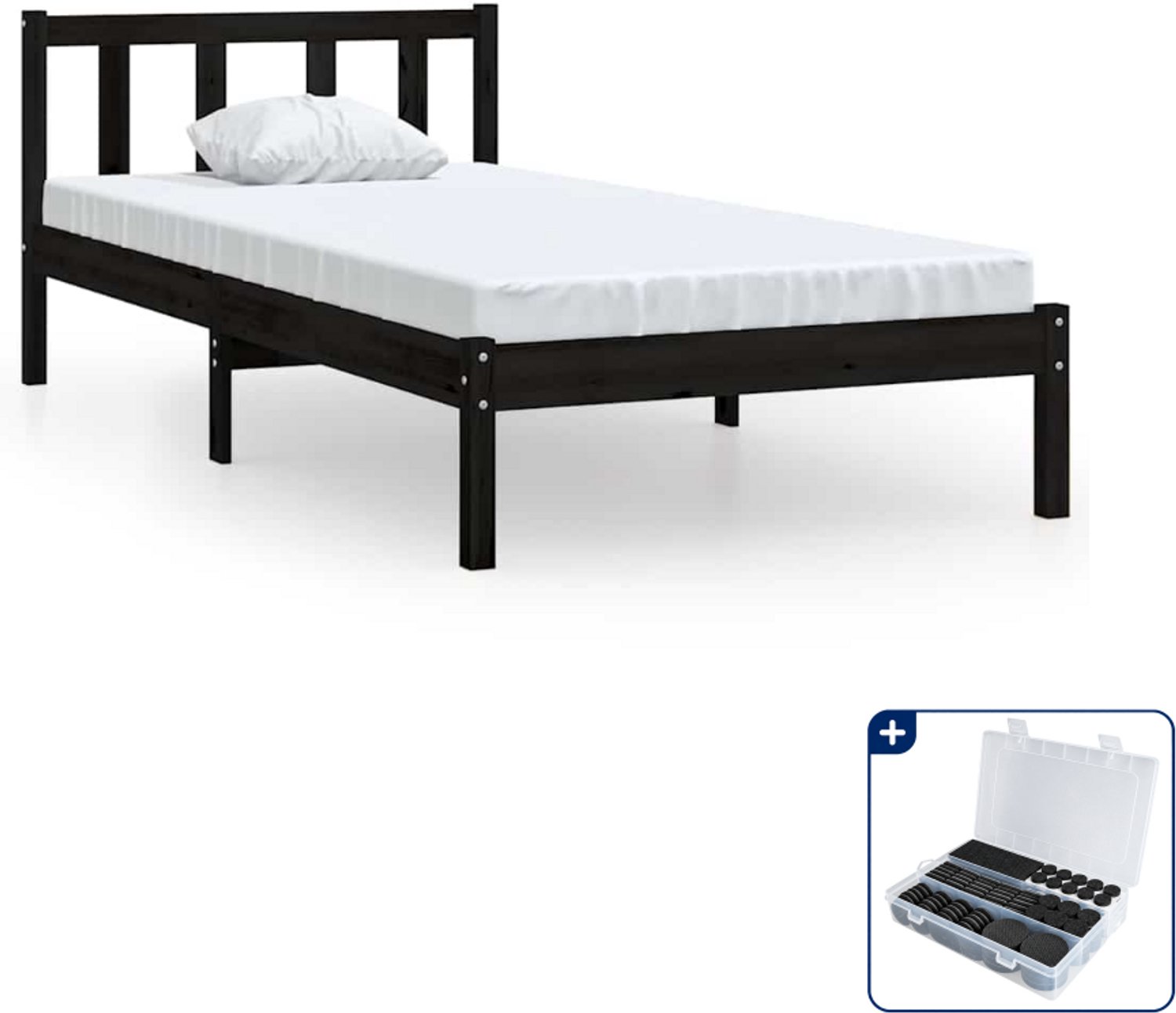 vidaXL bedframe - 75 x 190 cm - massief grenenhout - zwart - Inclusief antikrasvilt 177-delig