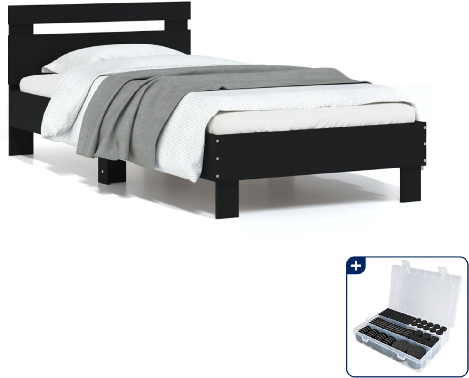 vidaXL bedframe 90 x 200 cm - bewerkt hout - zwart - Inclusief antikrasvilt 177-delig