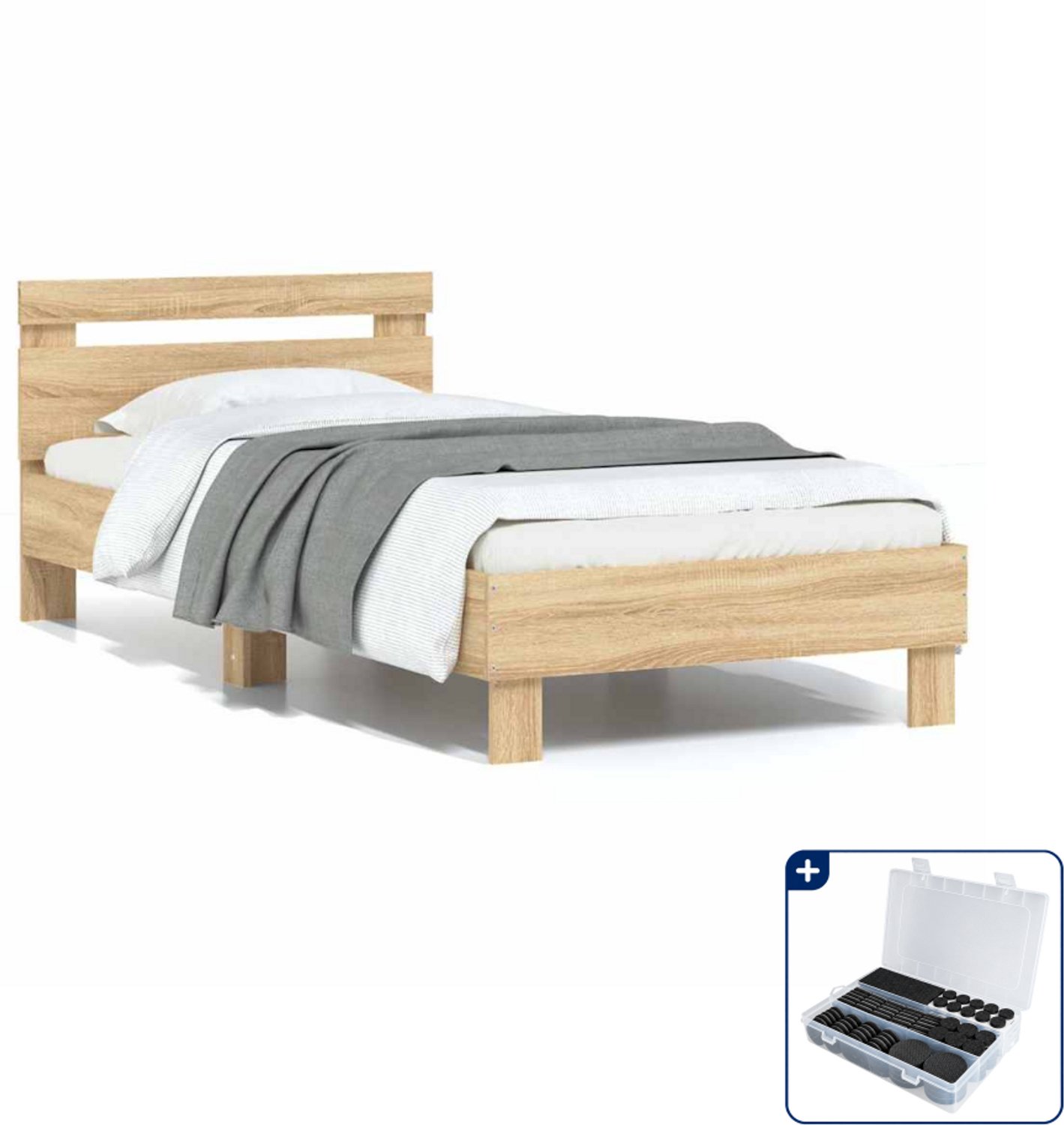 vidaXL bedframe met hoofdbord - 75 x 190 cm - bewerkt hout - sonoma eiken - Inclusief antikrasvilt 177-delig Bruin