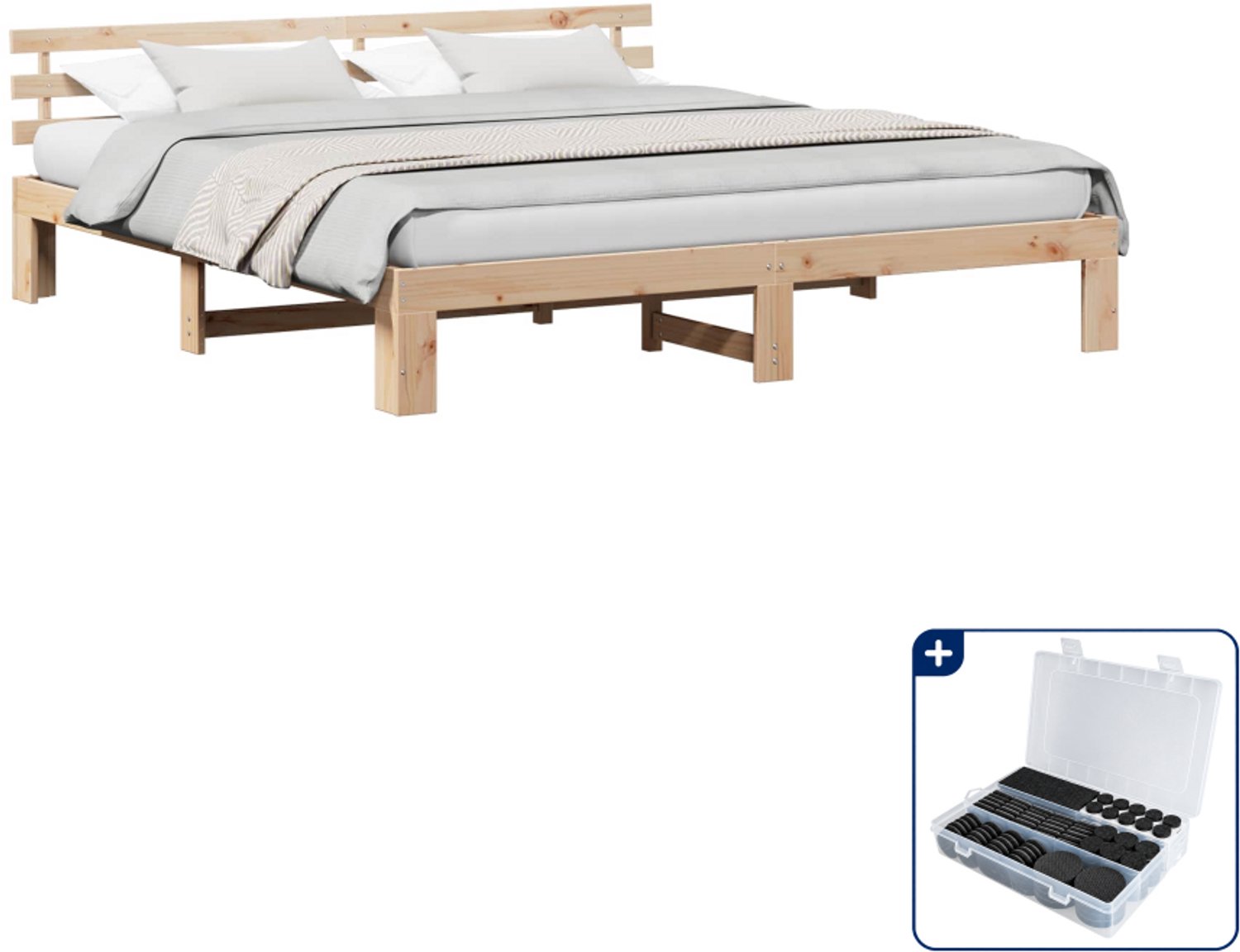 vidaXL Bedframe met hoofdeinde - 200 x 200 cm - massief grenenhout - Inclusief antikrasvilt 177-delig Bruin