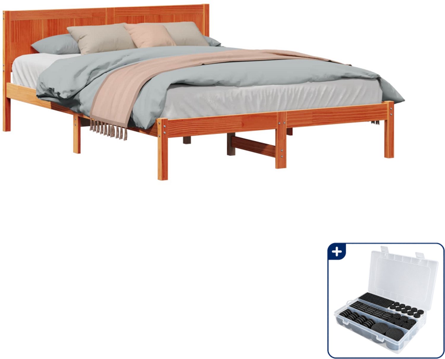 vidaXL bedframe - 150 x 200 cm - massief grenenhout - bruin - Inclusief antikrasvilt 177-delig