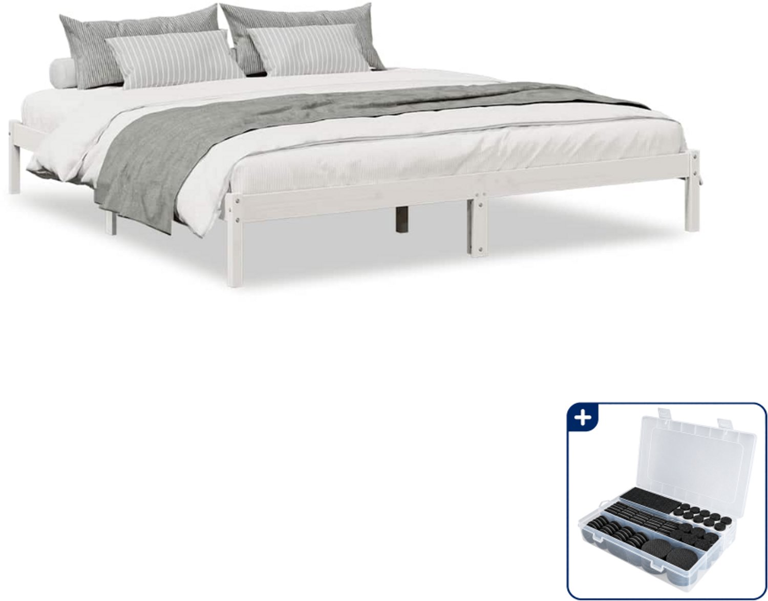 vidaXL Bedframe - Kingsize - 180 x 220 cm - grenenhout - wit - Inclusief antikrasvilt 177-delig