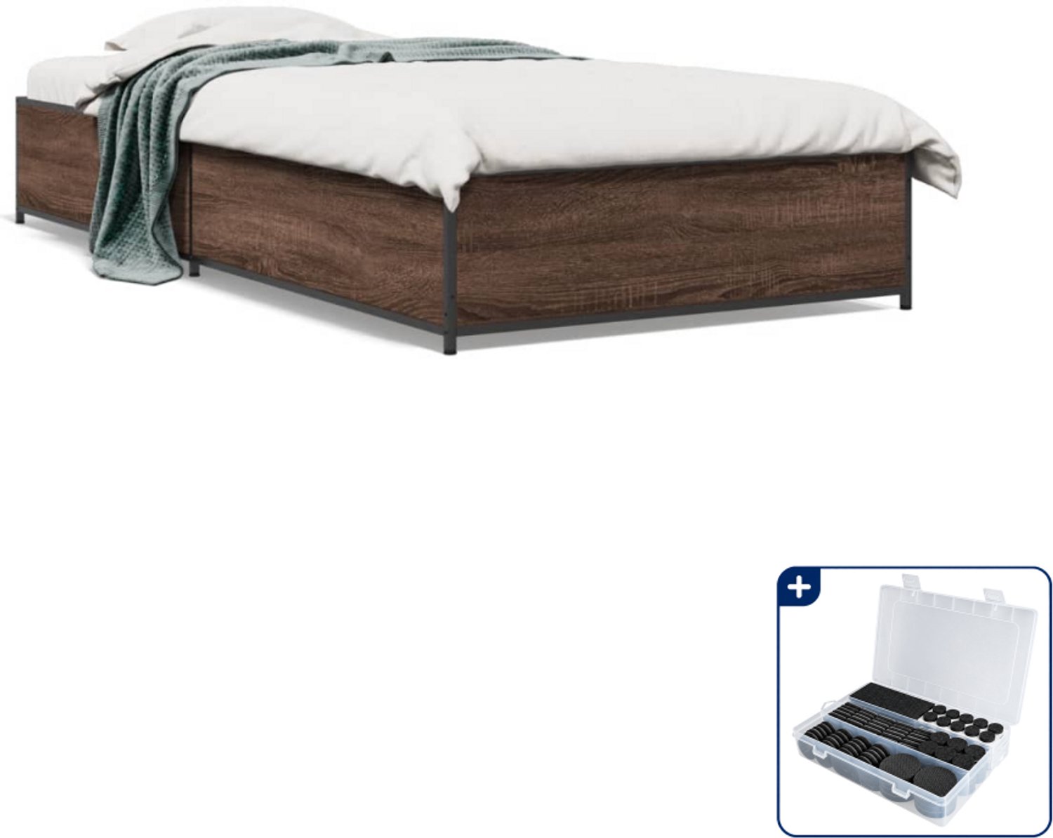 vidaXL bedframe - 75 x 190 cm - bewerkt hout en metaal - bruineiken - Inclusief antikrasvilt 177-delig