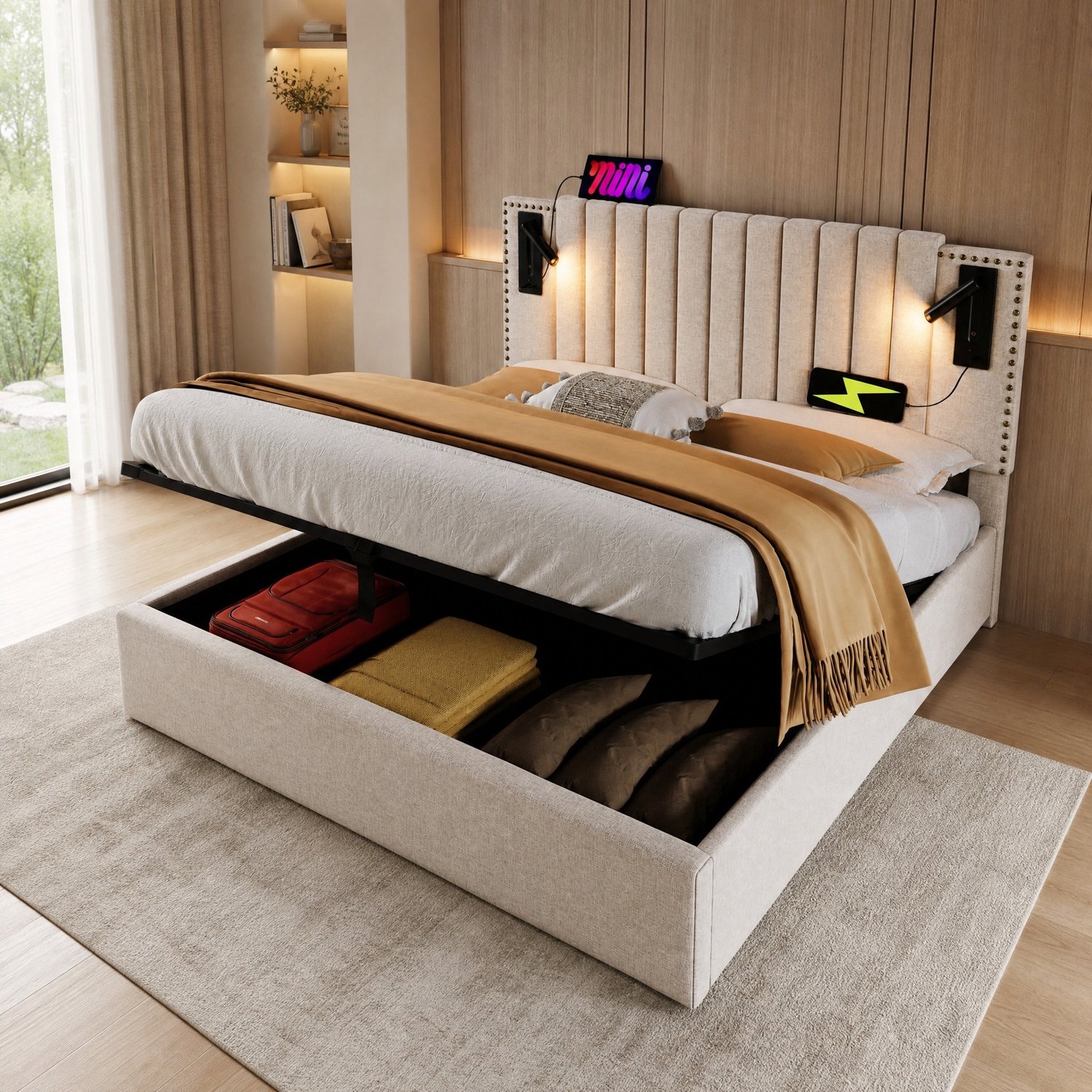 Maisentiel Gestoffeerd bed 140 x 200 cm beige met opbergruimte, leeslamp en lattenbodem
