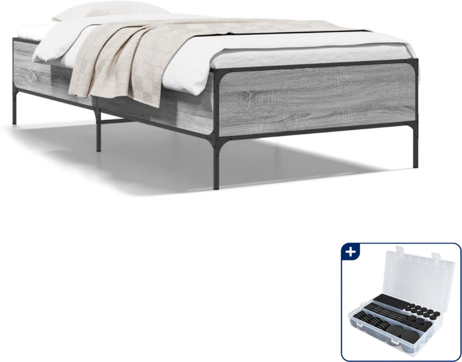 vidaXL bedframe - 75 x 190 cm - bewerkt hout en metaal - grijs sonoma - Inclusief antikrasvilt 177-delig