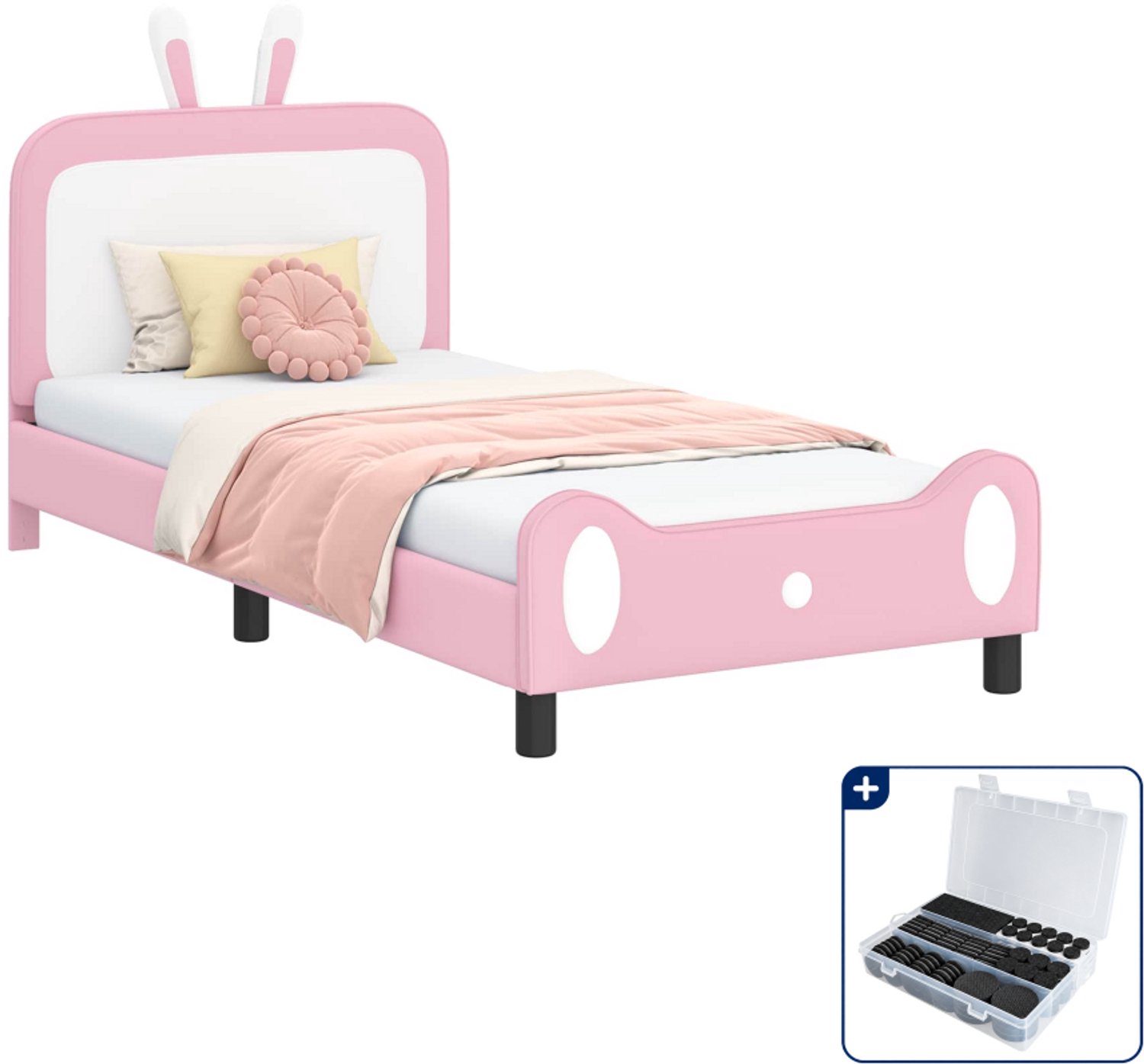 vidaXL kinderbedframe - 90 x 190 cm - bewerkt hout - roze - Inclusief antikrasvilt 177-delig