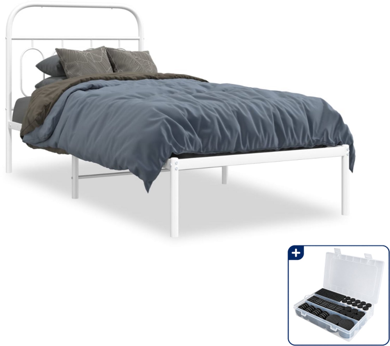 vidaXL bedframe met hoofdbord - 90 x 190 cm - staal - wit - Inclusief antikrasvilt 177-delig
