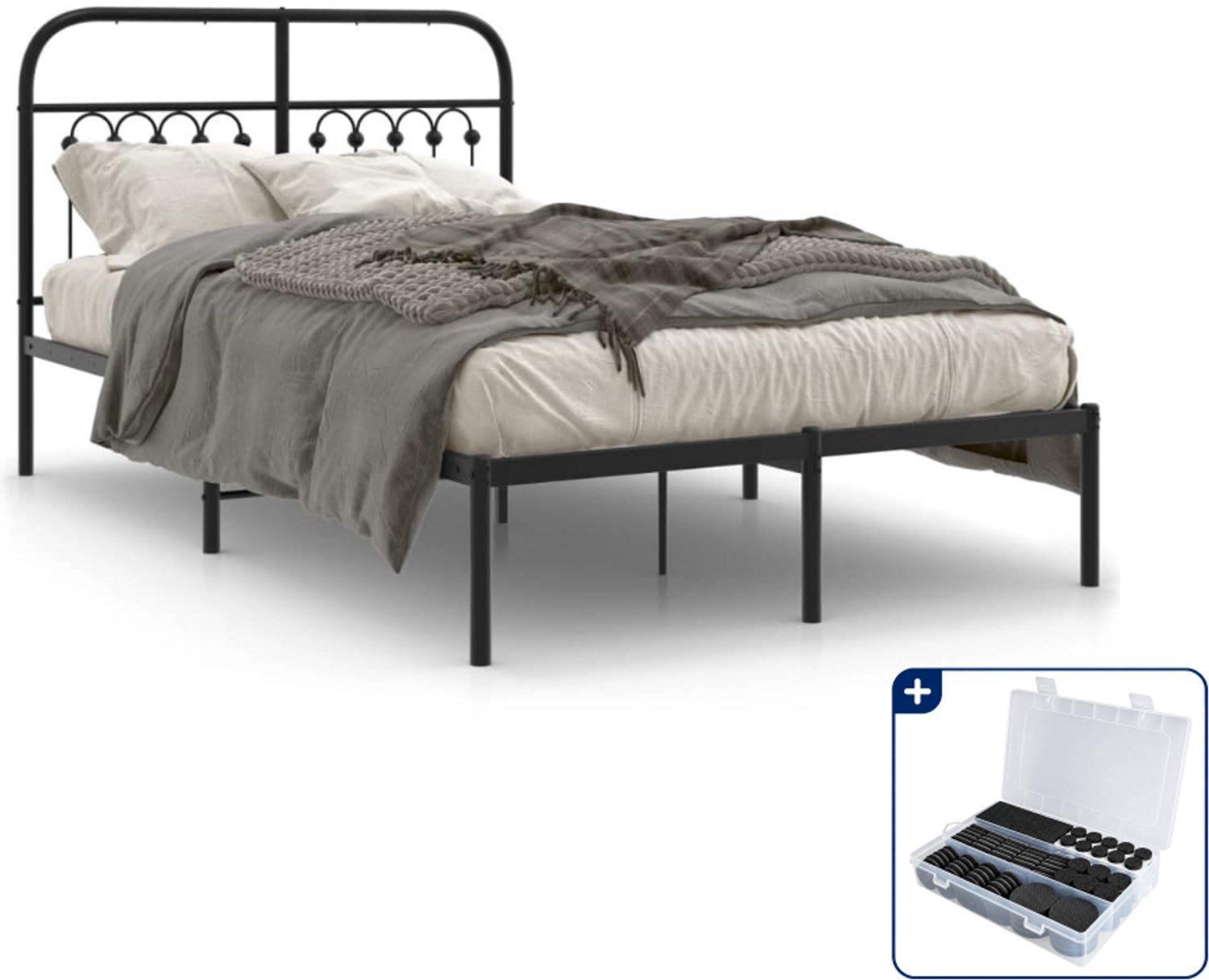 vidaXL bedframe met hoofdbord - 120 x 200 cm - staal - zwart - Inclusief antikrasvilt 177-delig