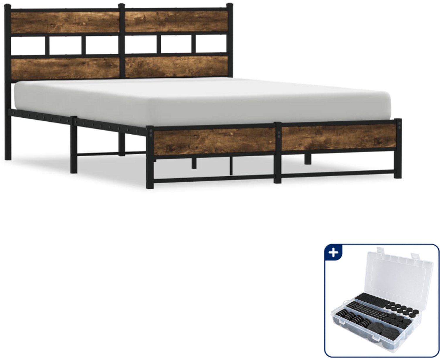 vidaXL Bedframe Small double - 140 x 200 cm - staal en hout - gerookt eiken - Inclusief antikrasvilt 177-delig Bruin