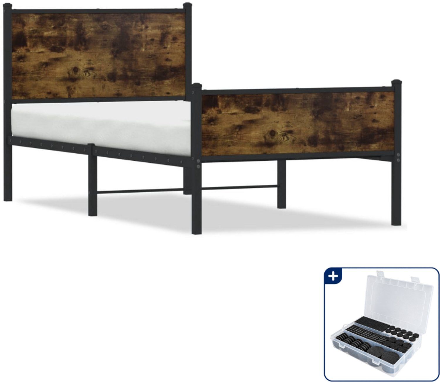 vidaXL bedframe - 90 x 190 cm - staal en bewerkt hout - gerookt eiken - Inclusief antikrasvilt 177-delig Bruin