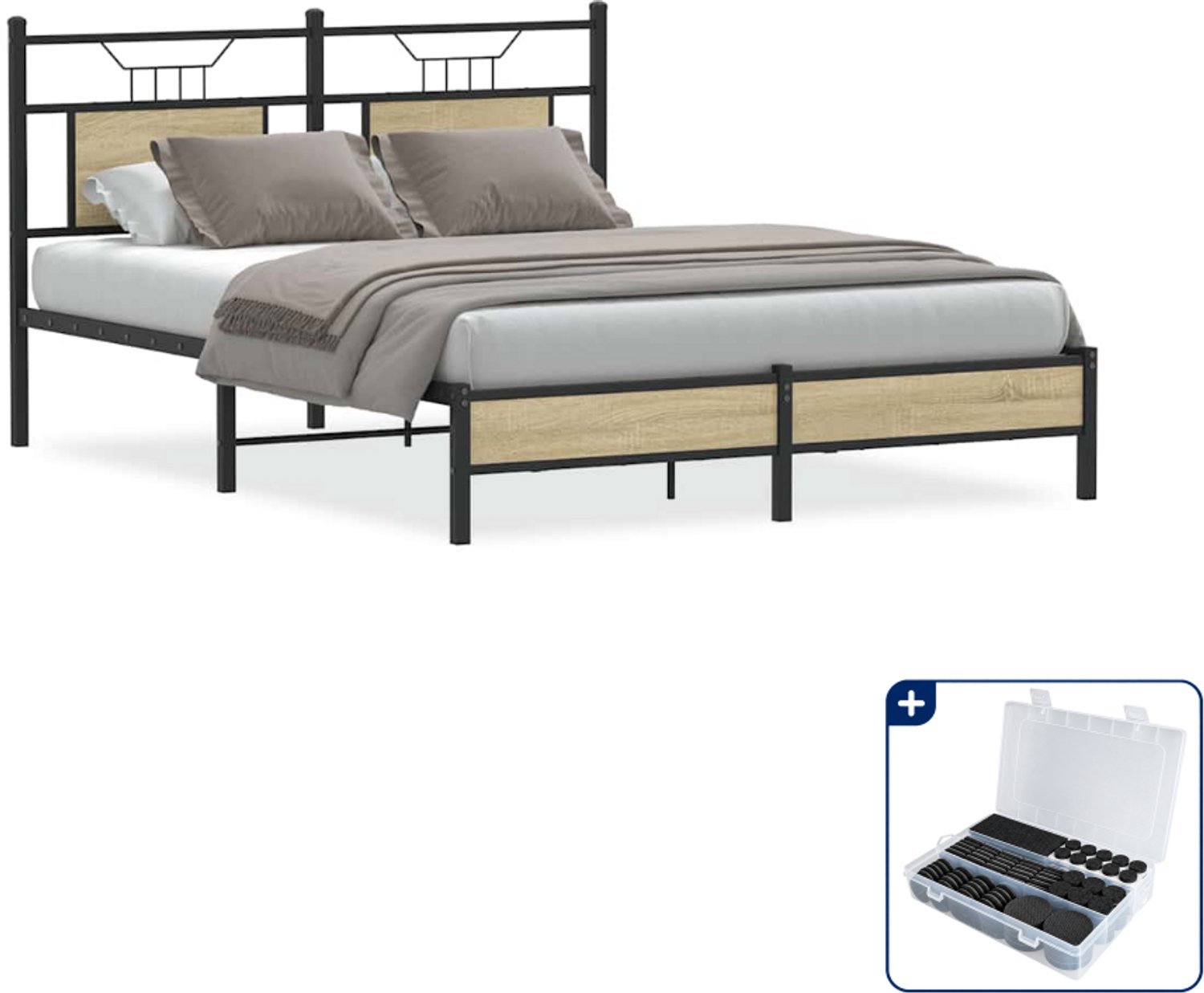vidaXL Bedframe - Small double - 140 x 200 cm - sonoma eiken - Inclusief antikrasvilt 177-delig Bruin
