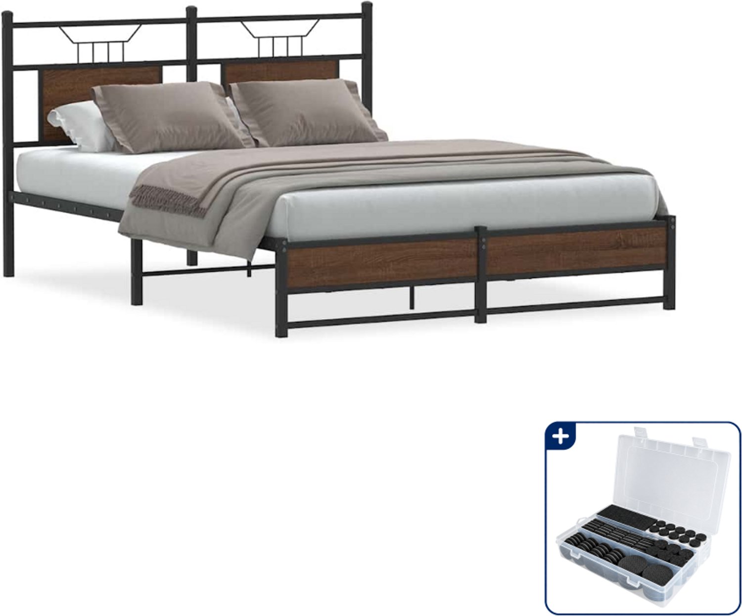 vidaXL Bedframe - Small double - 140 x 200 cm - bruineiken - Inclusief antikrasvilt 177-delig