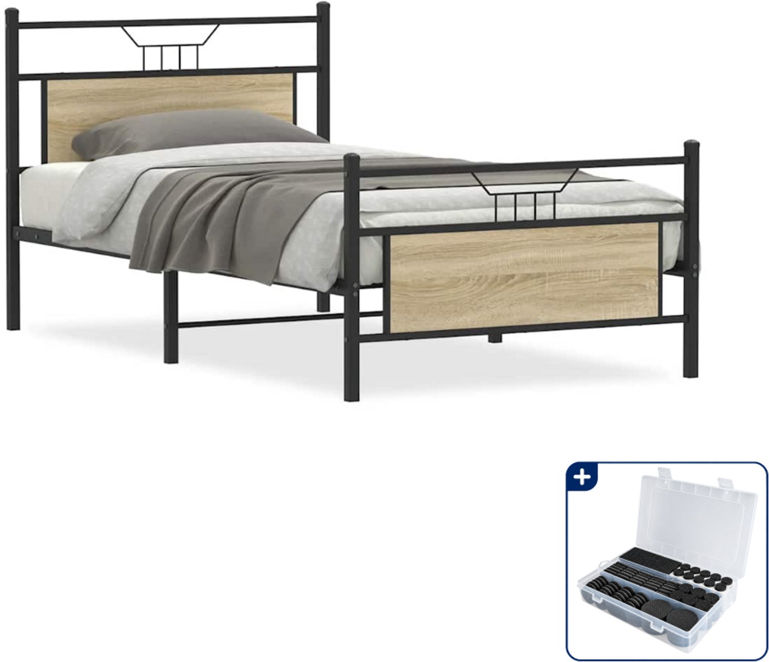 vidaXL bedframe - 100 x 190 cm - bewerkt hout en staal - sonoma eiken - Inclusief antikrasvilt 177-delig Bruin