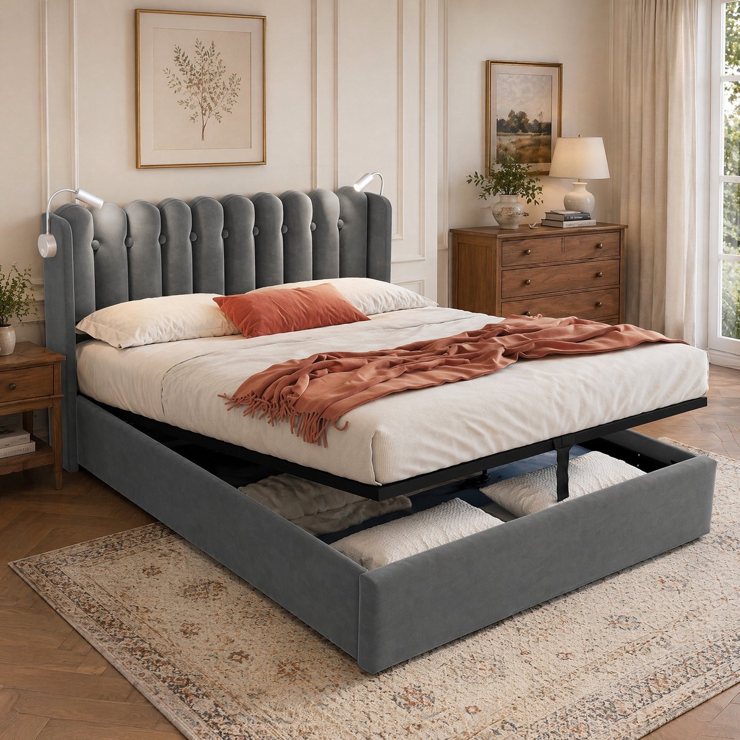 Maisentiel Tweepersoonsbed 160 x 200 cm - grijs fluweel - opbergruimte, leeslamp en USB