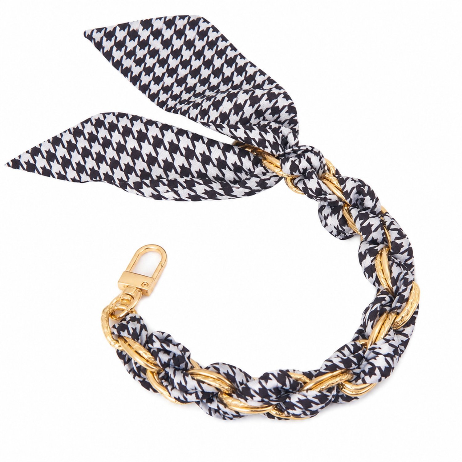 Telefoonkoord 32 cm - Korte ketting met zwart-wit pied-de-poulel lint, goudkleurige schakels, strik en metalen sluiting