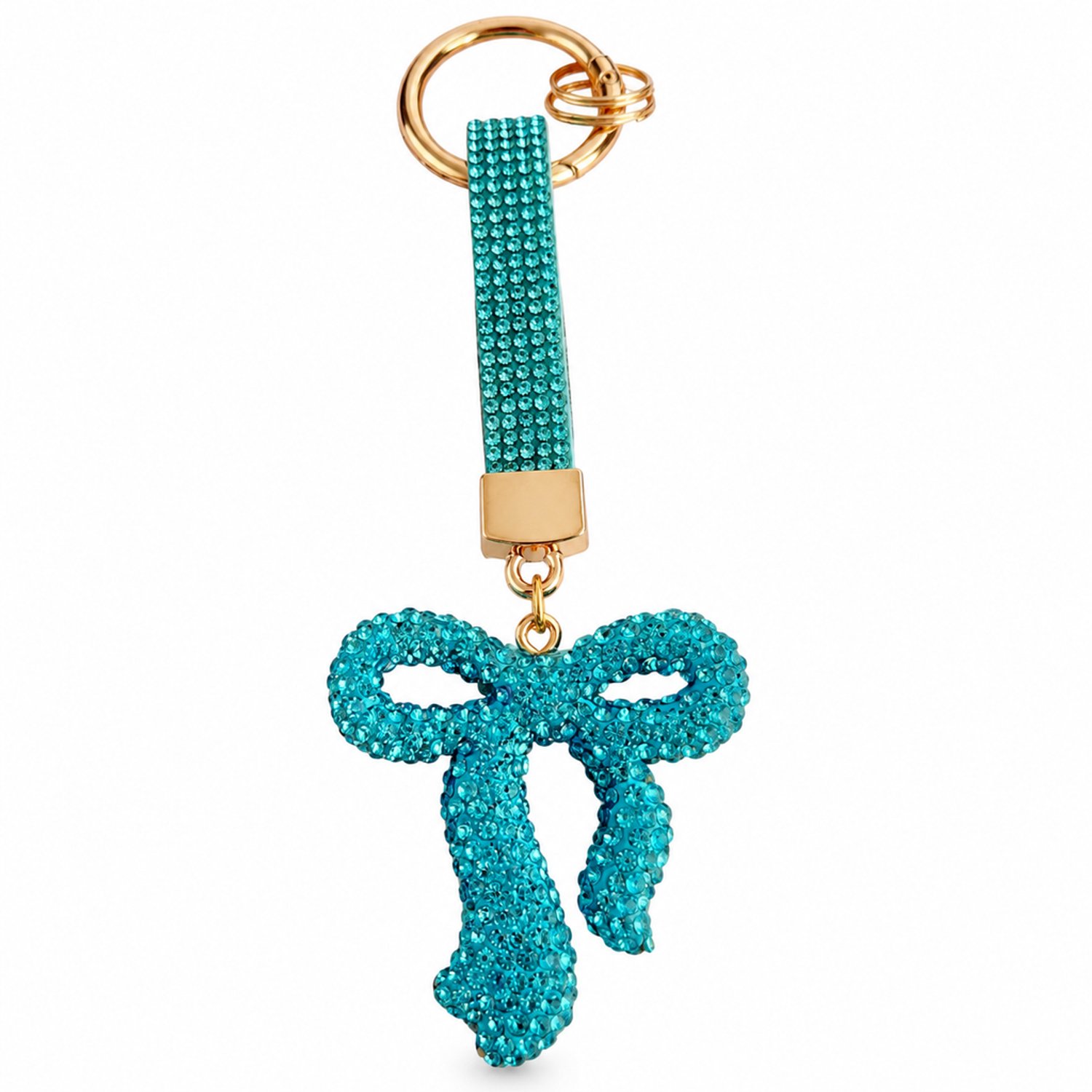 Sleutelhanger met blauwe strik en siersteentjes, decoratief bandje en goudkleurige ringen, voor sleutels of tas