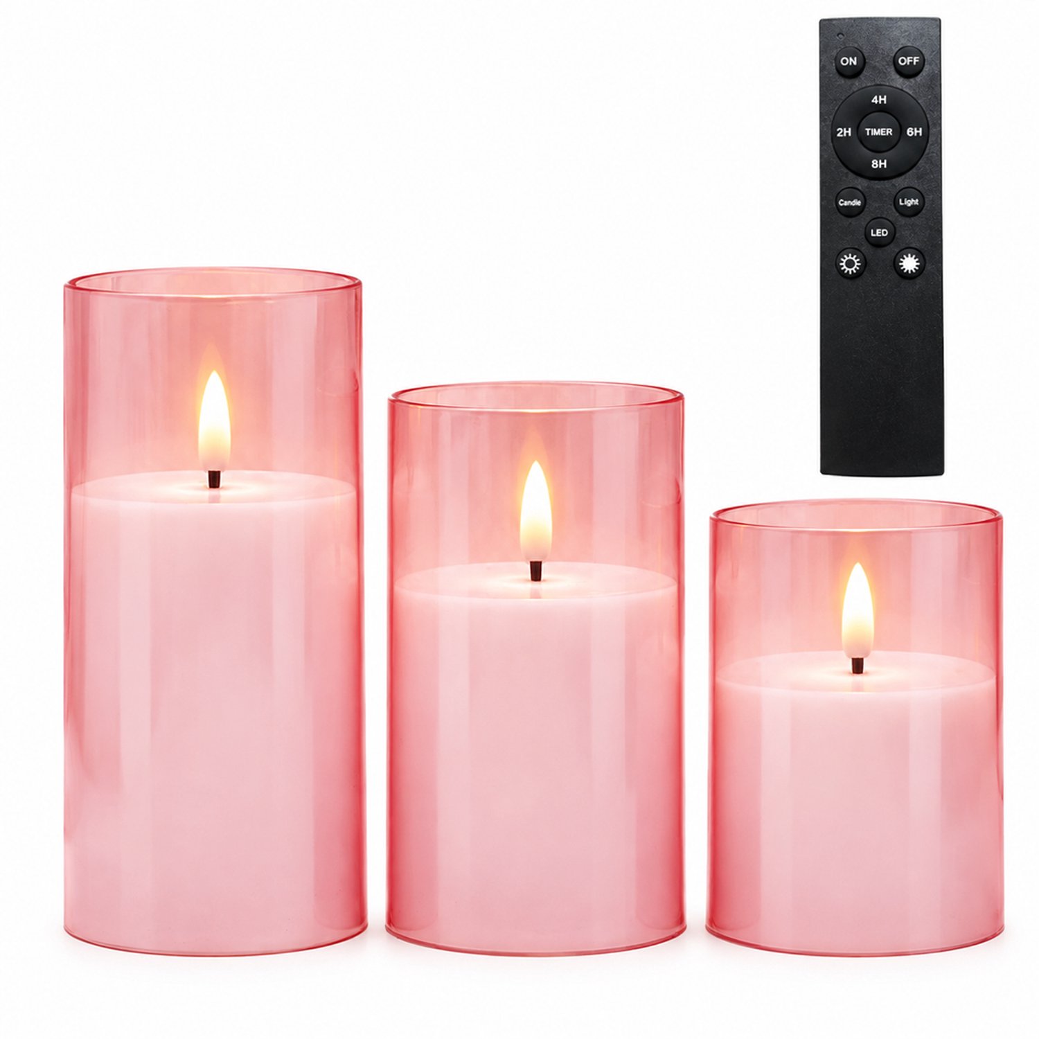SWGOTA led kaarsen, 3 stuks per doos, roze met doorschijnende cilindervormige omhulling en warm vlameffect, inclusief grote afstandsbediening voor feestdecoratie