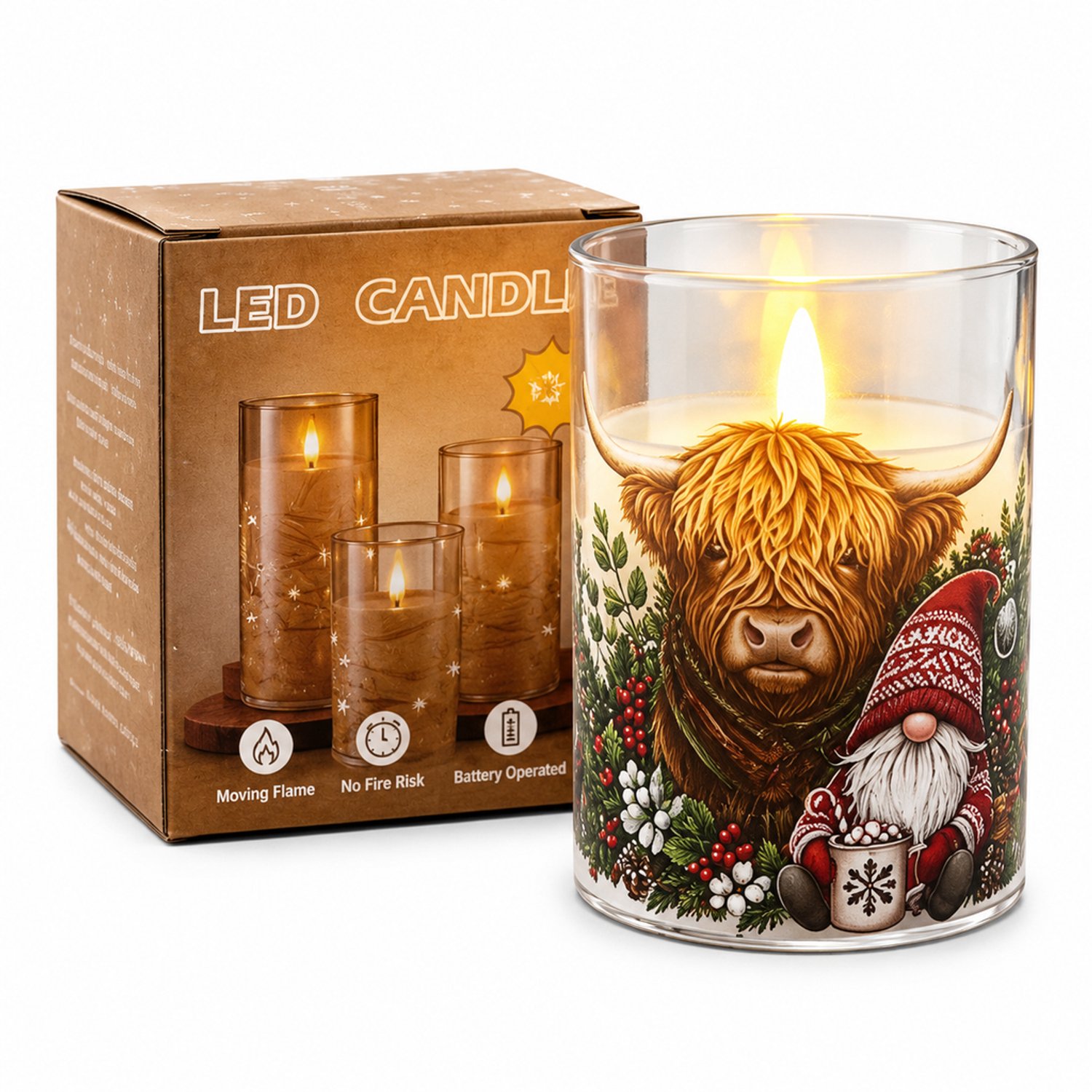 SWGOTA led kaarsen - kerstkaarslamp met hooglandrund, 7,5 x 10 cm, warm licht, kunststof, op batterijen, batterijen niet inbegrepen Meerkleurig