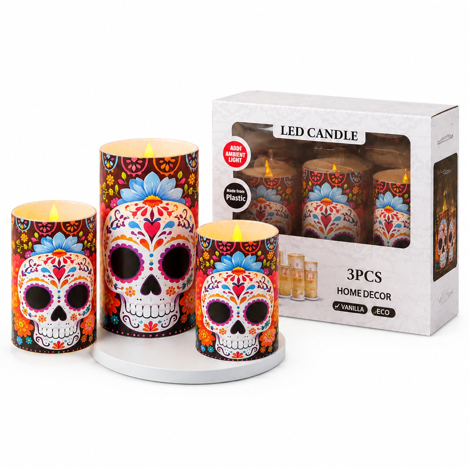 SWGOTA led kaarsen voor Halloween, set van 3 met kleurrijke schedelmotieven en vlamvormige verlichting, in vensterdoos, zonder batterijen Bruin