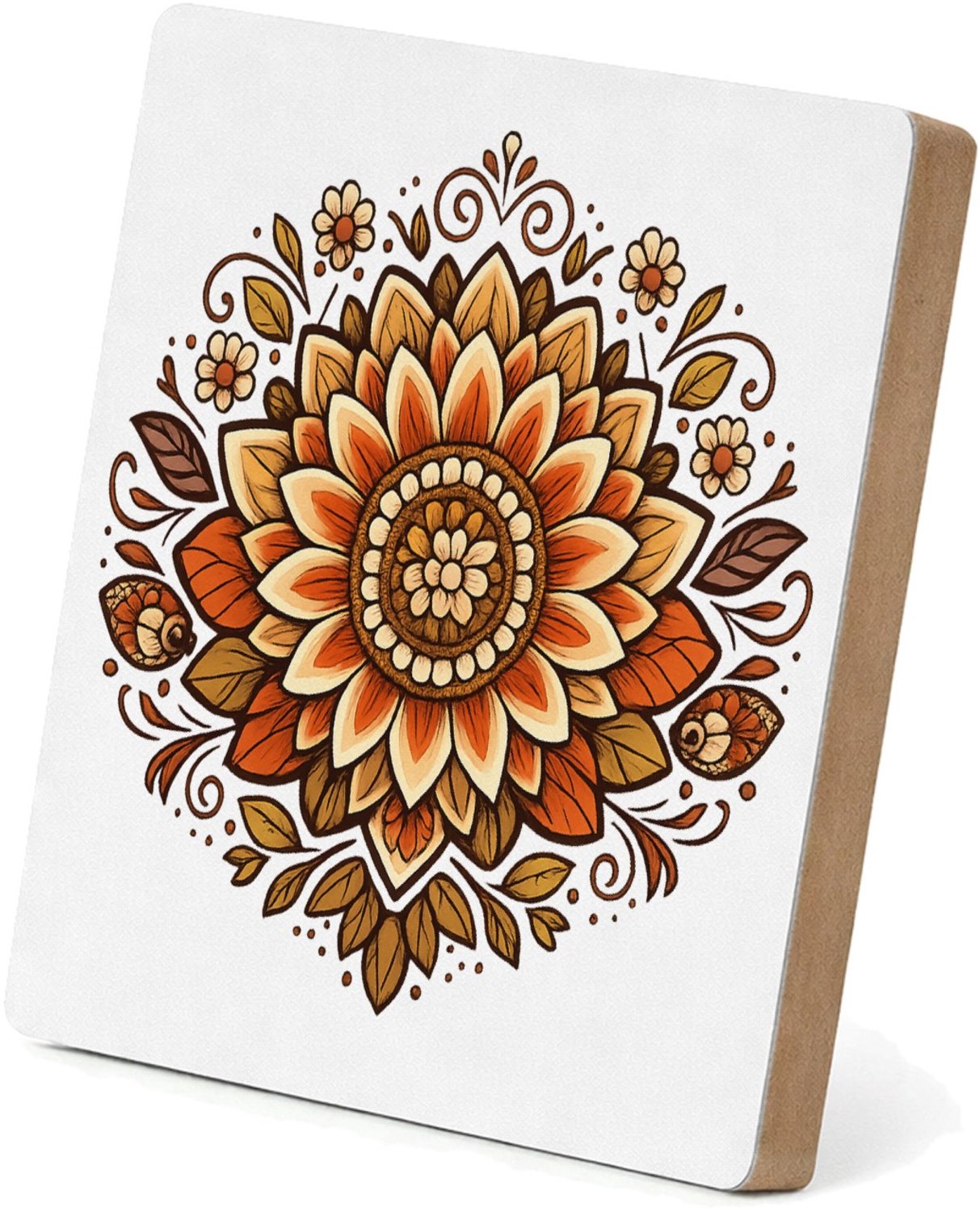 Mr Cadeautjes MDF staande fotolijst 15,2 x 15,2 - design Een rustige, symmetrische zonnebloemmandala met zachte boogl | cadeau Wit