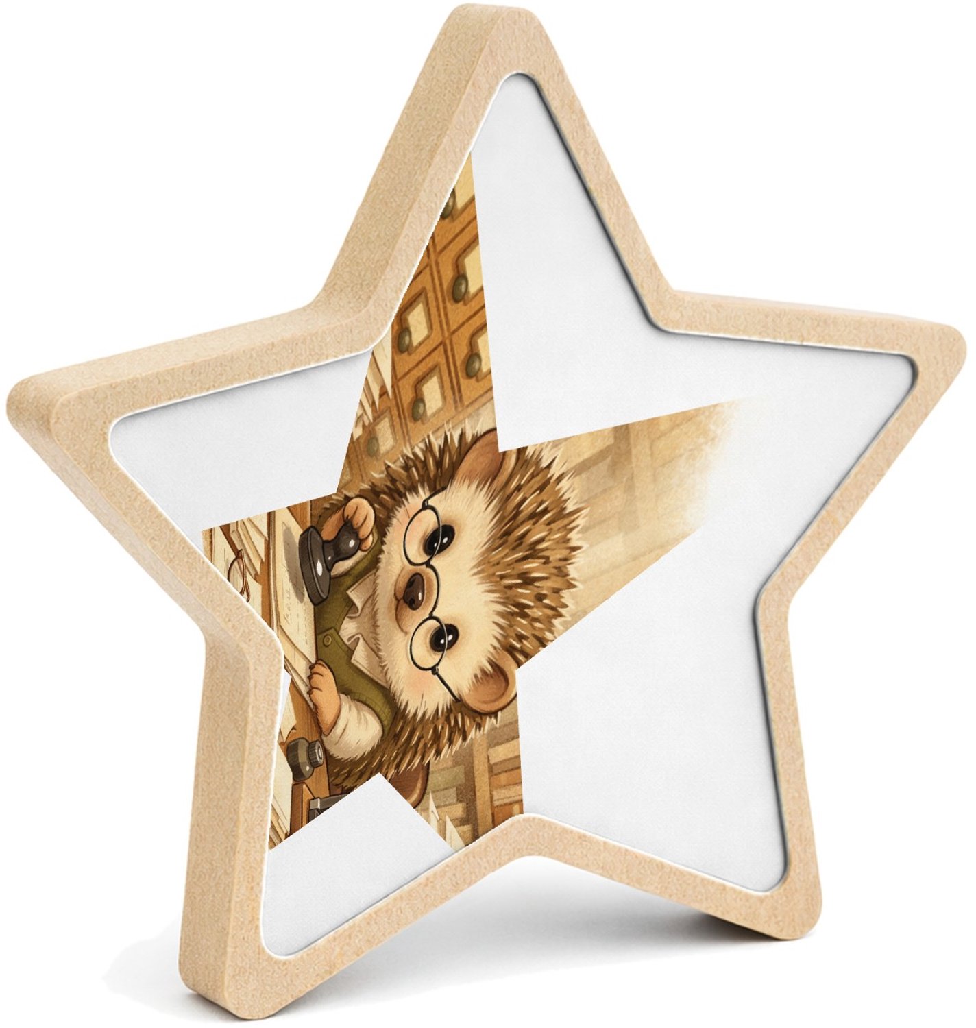 Mr Cadeautjes MDF fotolijst ster 14 x 13,5 - design Een egel als bibliothecaris tussen hoge boekenkasten, met te | cadeau Wit
