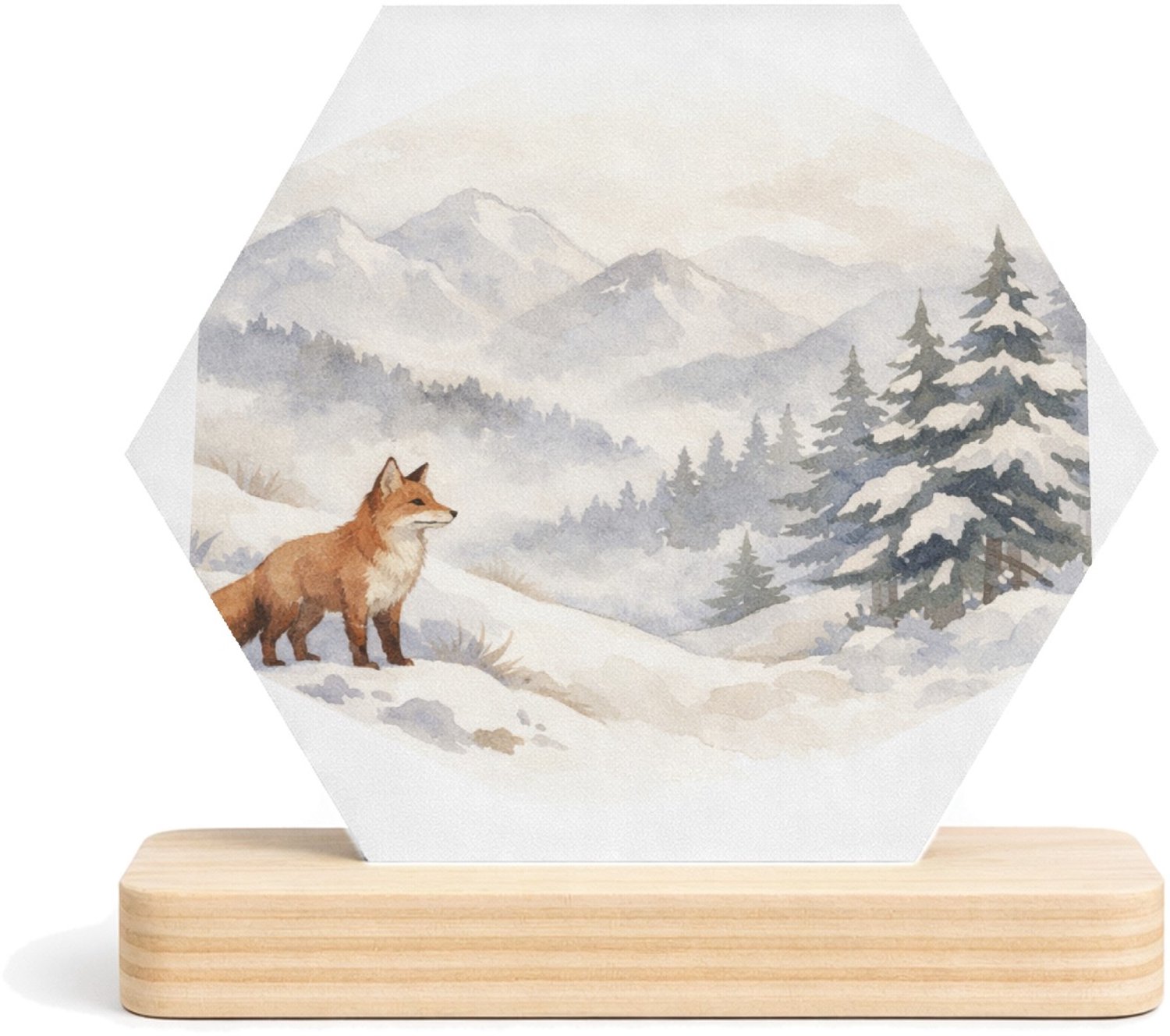 Mr Cadeautjes MDF fotolijst/inleg hexagon 14 x 13 - design Een bergwinter-scène met een vos die op een besneeuwde helli | cadeau Wit