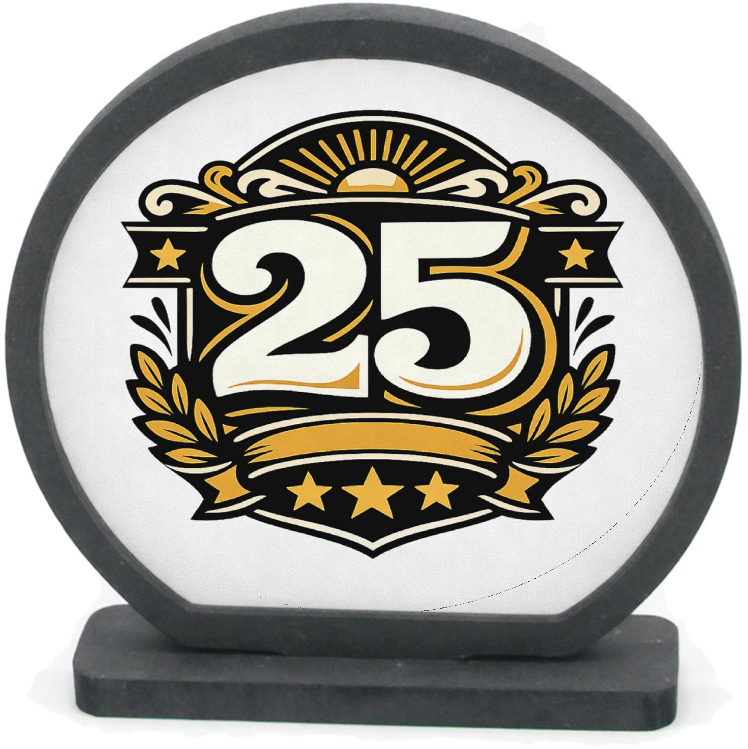 Mr Cadeautjes Houten fotolijst rond met MDF inleg - design Retro jubileumontwerp met een groot middenicoon en gebogen t | cadeau Wit