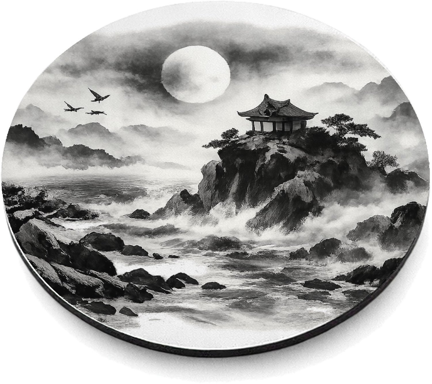 Mr Cadeautjes MDF magnetische fotolijst rond Ø 9,5 - design Nachtelijk kustpanorama met rotsen, maan, golven en een klei | cadeau Wit