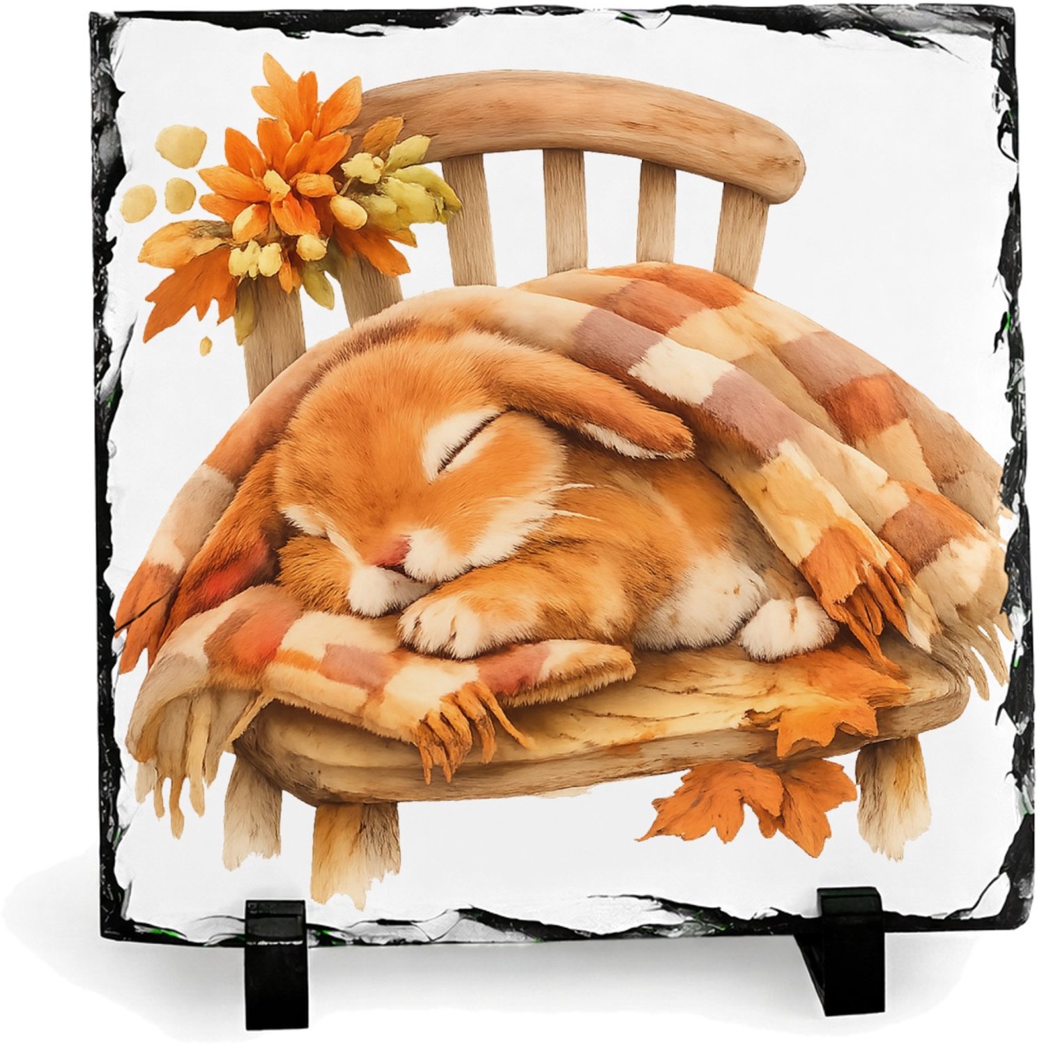 Mr Cadeautjes Leisteen vierkant 19,5 x 19,5 - design Een uitgestrekte konijnendut onder een plaid op een houten s | cadeau Wit