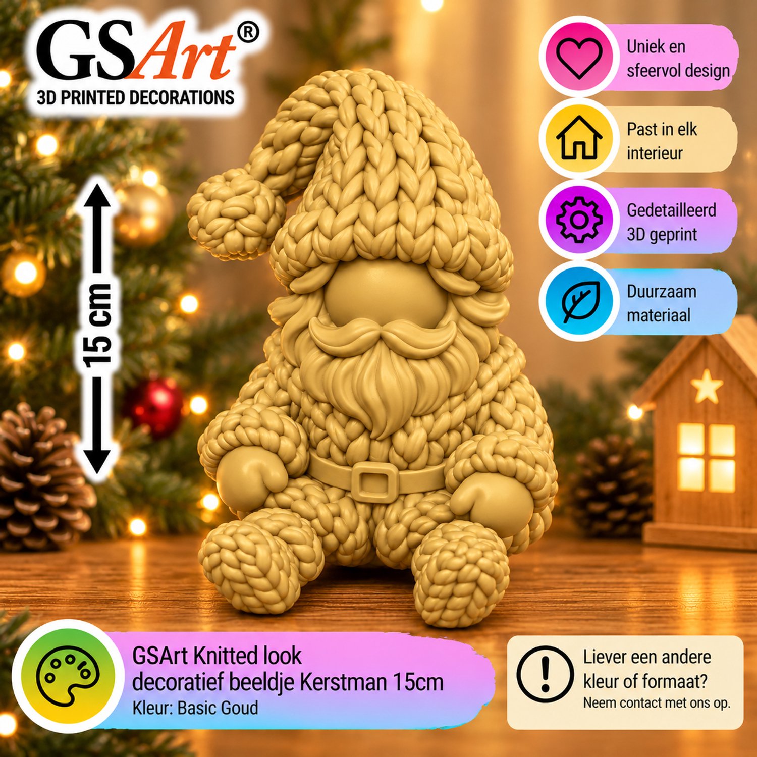 GSArt Knitted Look Kerstman Beeldje 15 cm – Gebreide Look Kerstdecoratie - Basic Goud