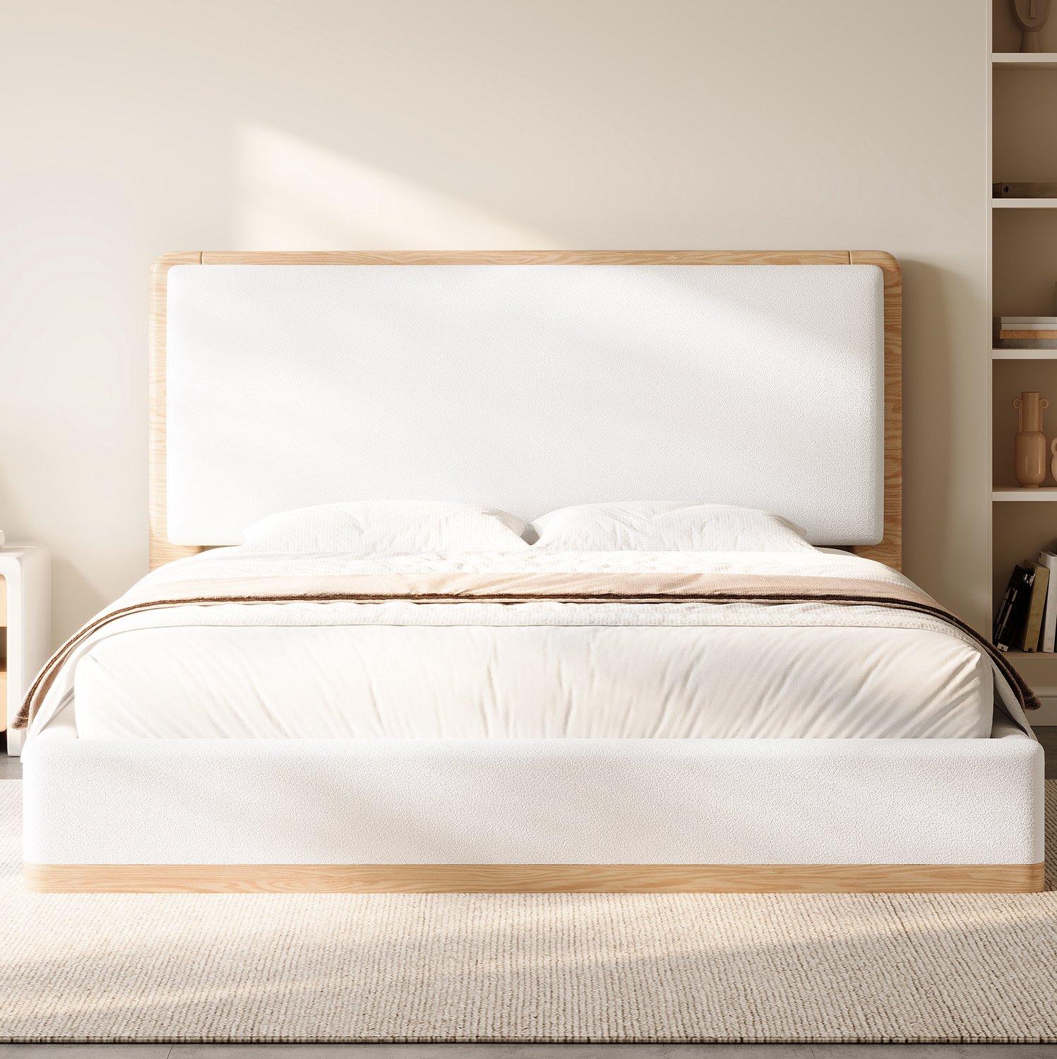 STILVORA Gestoffeerd Bed 180x200 cm – Zacht Hoofdbord – Lattenbodem – voor de Slaapkamer – MDF en Stof – Wit en Naturel Houtkleur – Zonder matras Wit, naturel hout
