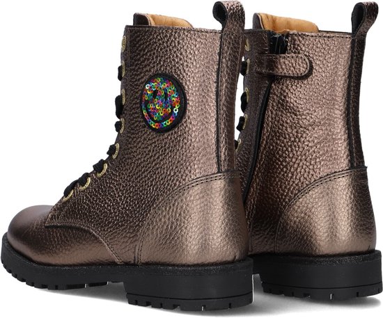 Bronzen leren veterboots met zwarte zool, rits en een kleurrijke lovertjes smiley aan de zijkant.
