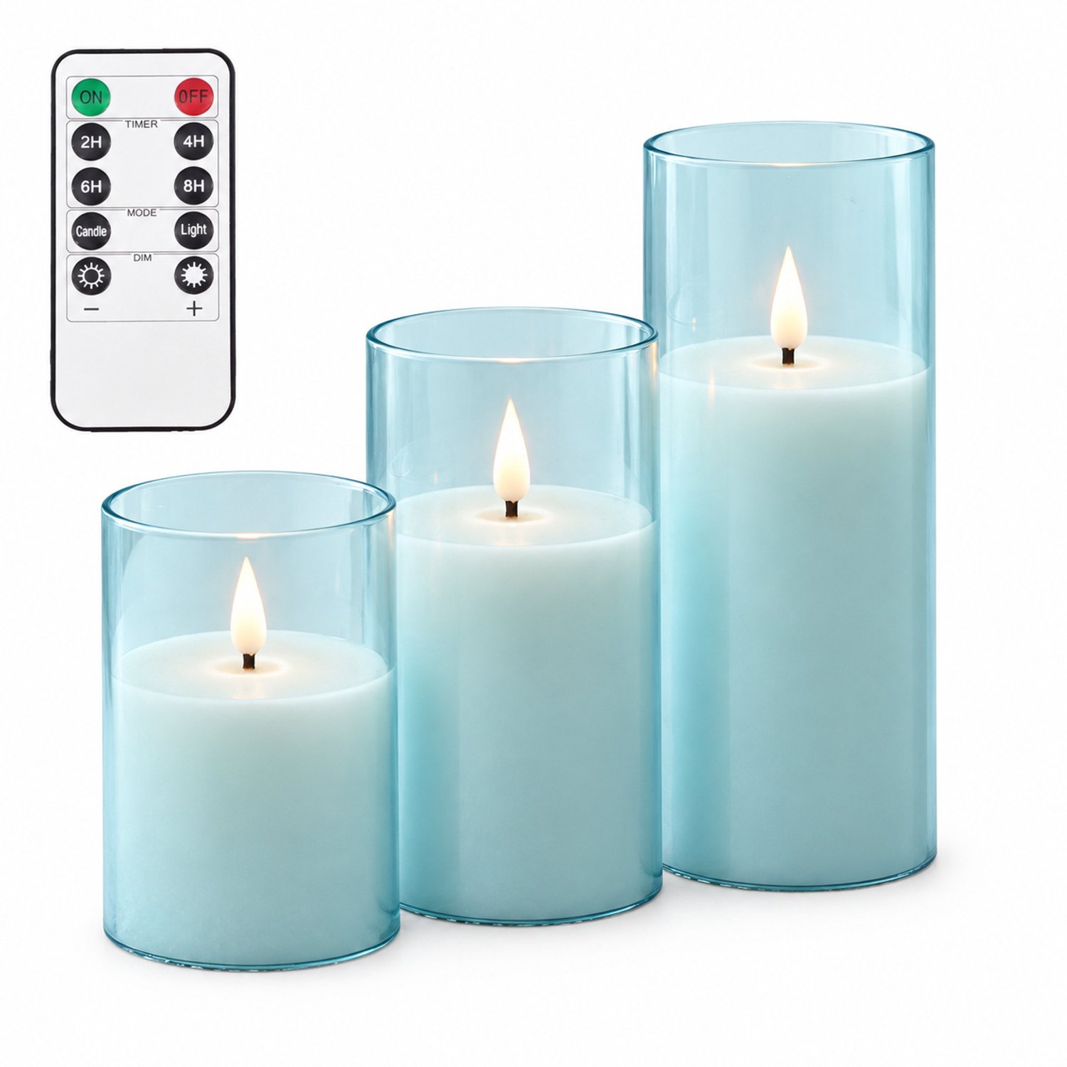 SWGOTA led kaarsen lichtblauw, 3 stuks per doos, met druppelvormige vlam en afstandsbediening inclusief 1 knoopcelbatterij, voor feestdecoratie
