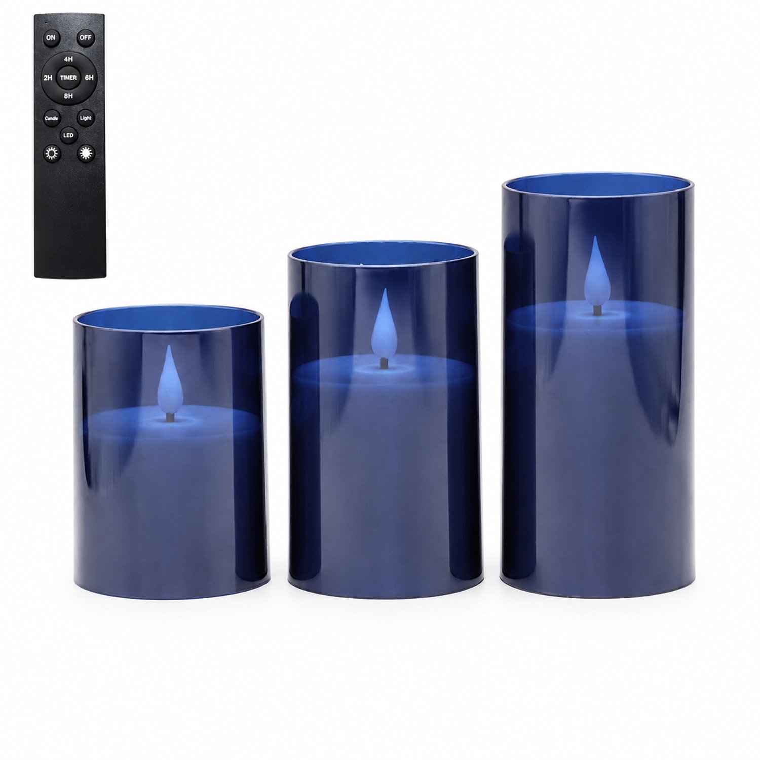 SWGOTA led kaarsen donkerblauw, 3 stuks per doos, met druppelvormige vlam en grote afstandsbediening, verschillende hoogtes, voor bruiloften en verjaardagen