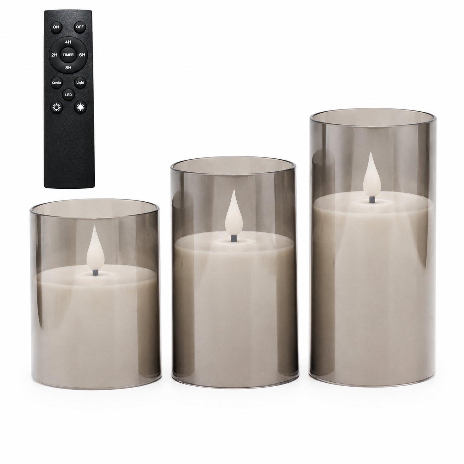 SWGOTA led kaarsen, 3 stuks per doos, grijs, met druppelvormige vlam, verschillende hoogtes en grote afstandsbediening